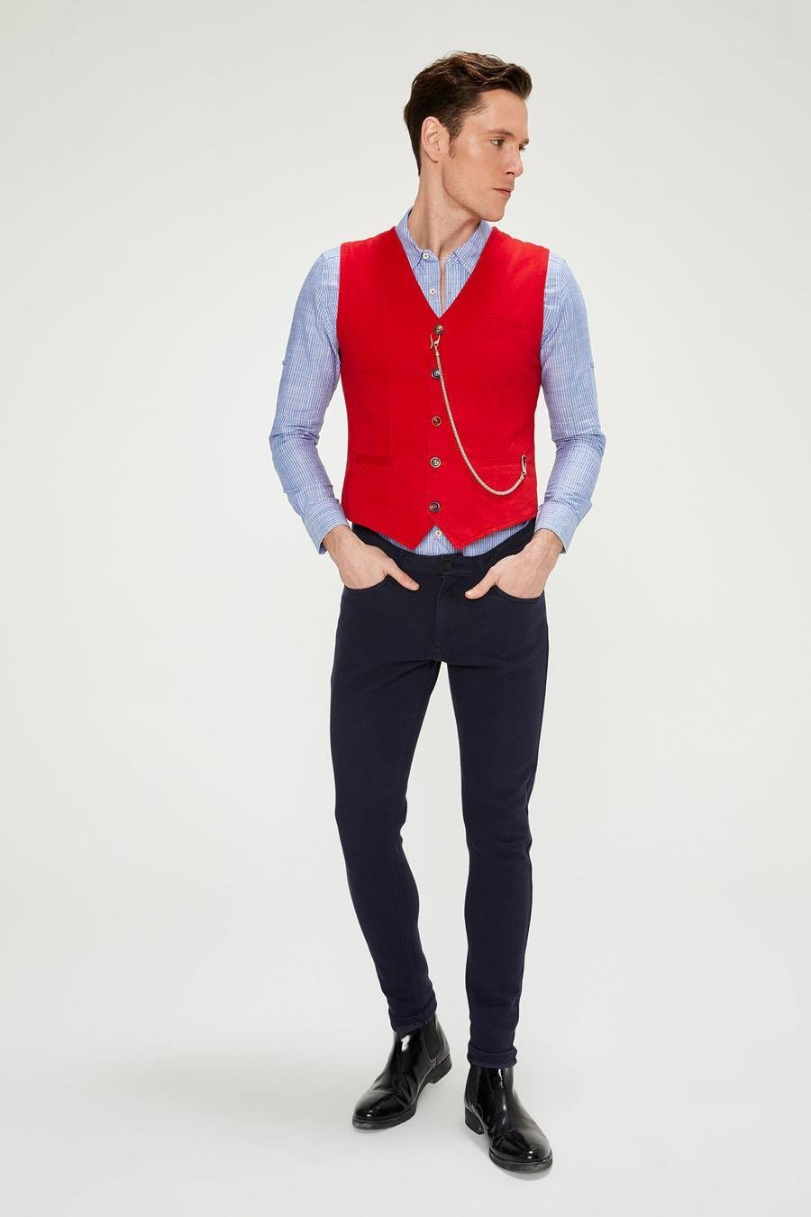 CEKMON Erkek Slim Fit Zincir Detaylı Renli Düğmeli Klasik Kot Yelek 