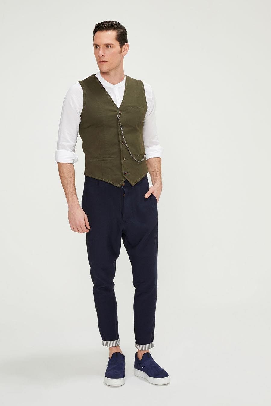 CEKMON Erkek Slim Fit Zincir Detaylı Renli Düğmeli Klasik Kot Yelek 