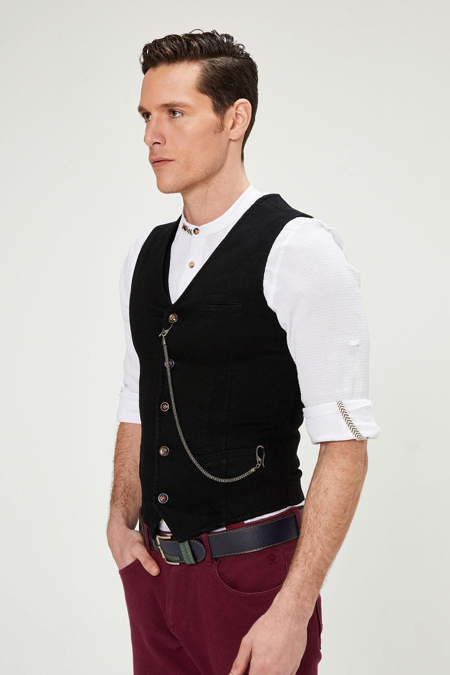CEKMON Erkek Slim Fit Zincir Detaylı Renli Düğmeli Klasik Kot Yelek 