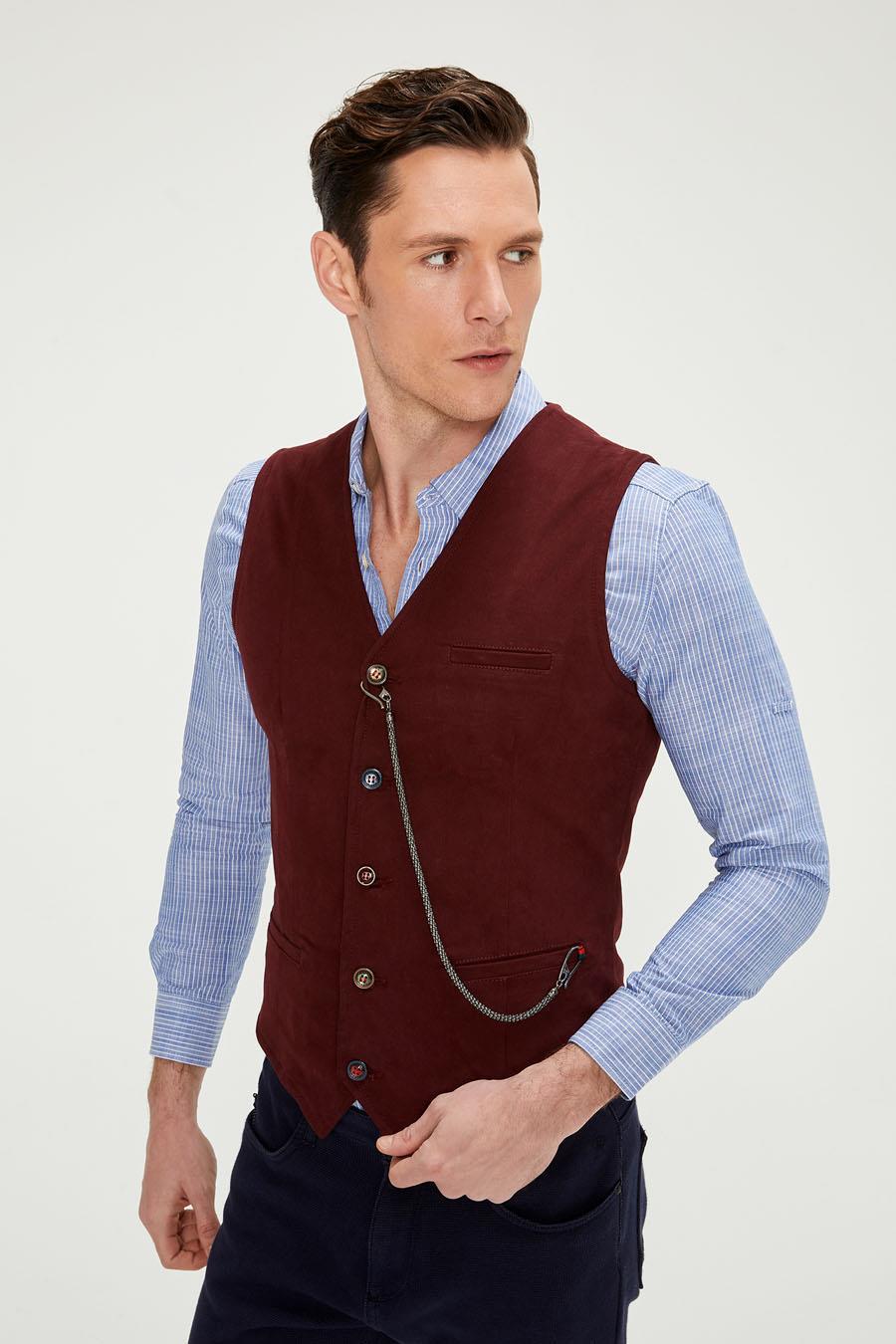 CEKMON Erkek Slim Fit Zincir Detaylı Renli Düğmeli Klasik Kot Yelek 