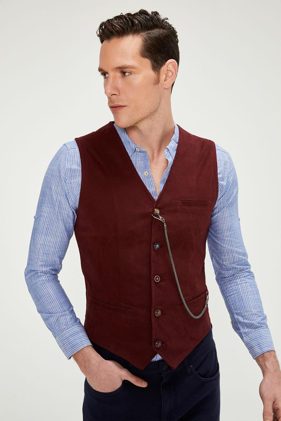CEKMON Erkek Slim Fit Zincir Detaylı Renli Düğmeli Klasik Kot Yelek 