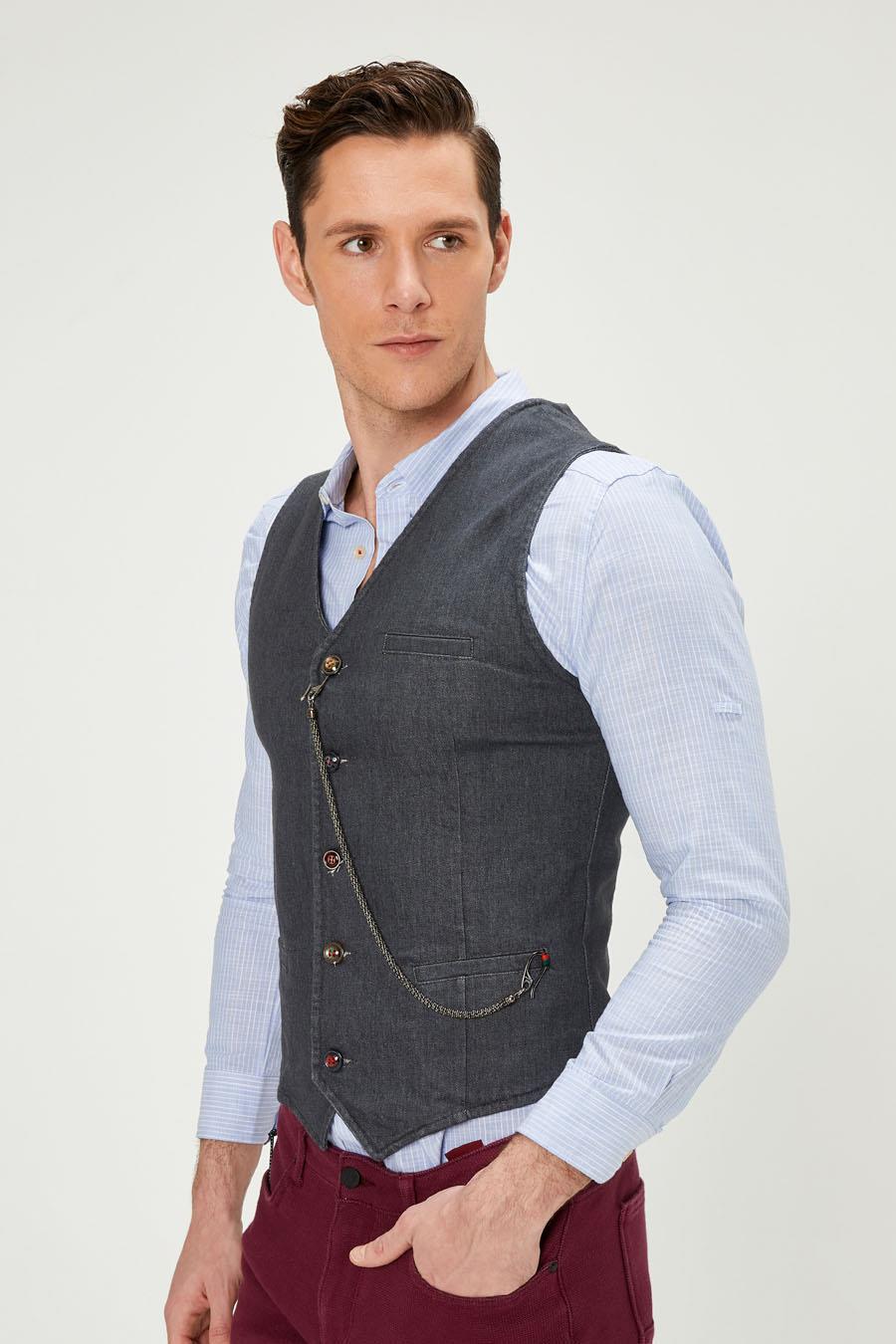 CEKMON Erkek Slim Fit Zincir Detaylı Renli Düğmeli Klasik Kot Yelek 