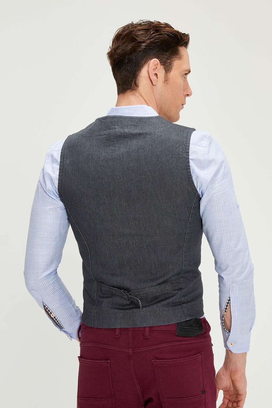 CEKMON Erkek Slim Fit Zincir Detaylı Renli Düğmeli Klasik Kot Yelek 