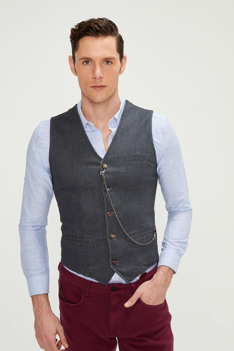 CEKMON Erkek Slim Fit Zincir Detaylı Renli Düğmeli Klasik Kot Yelek 