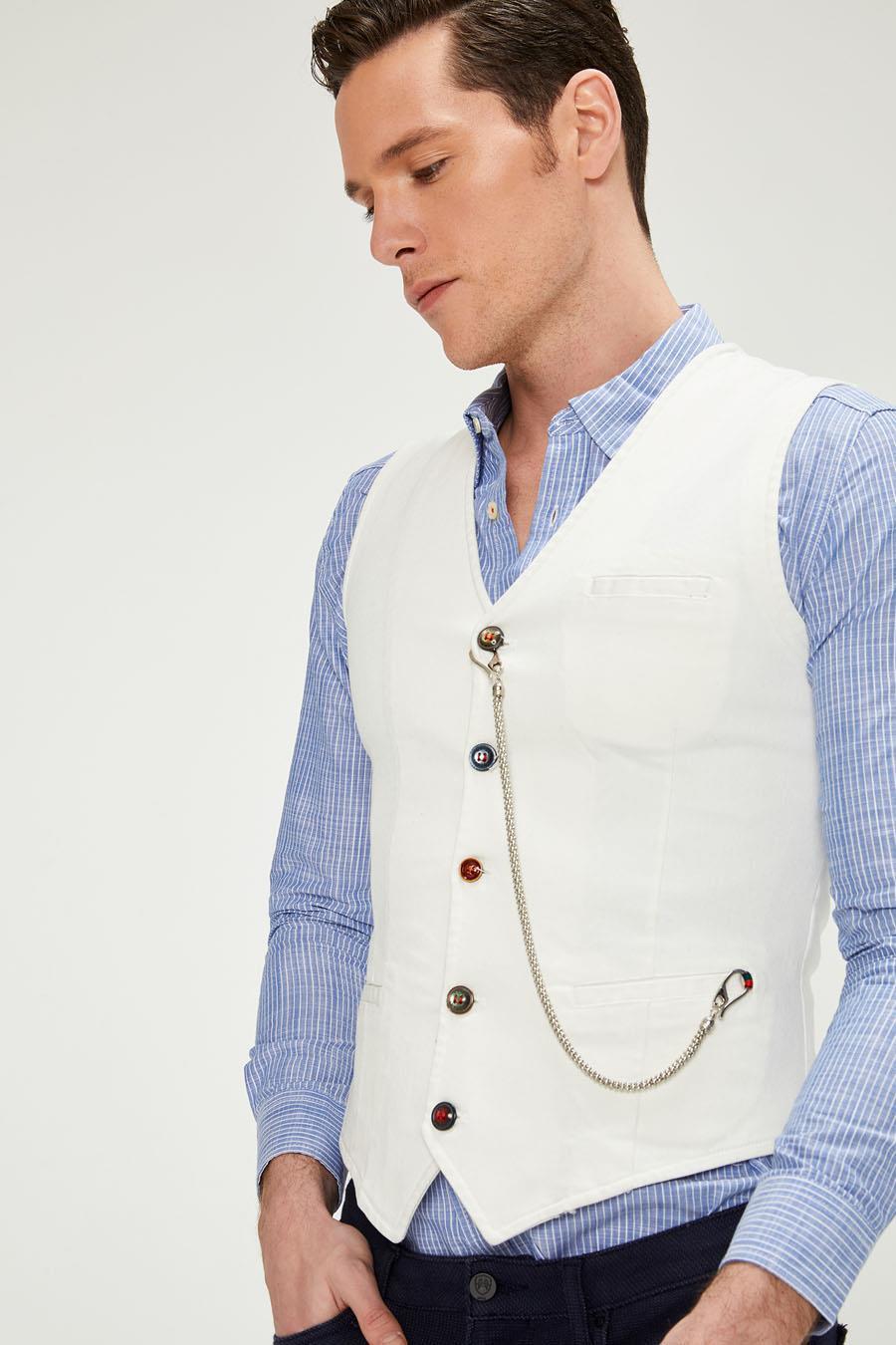 CEKMON Erkek Slim Fit Zincir Detaylı Renli Düğmeli Klasik Kot Yelek 