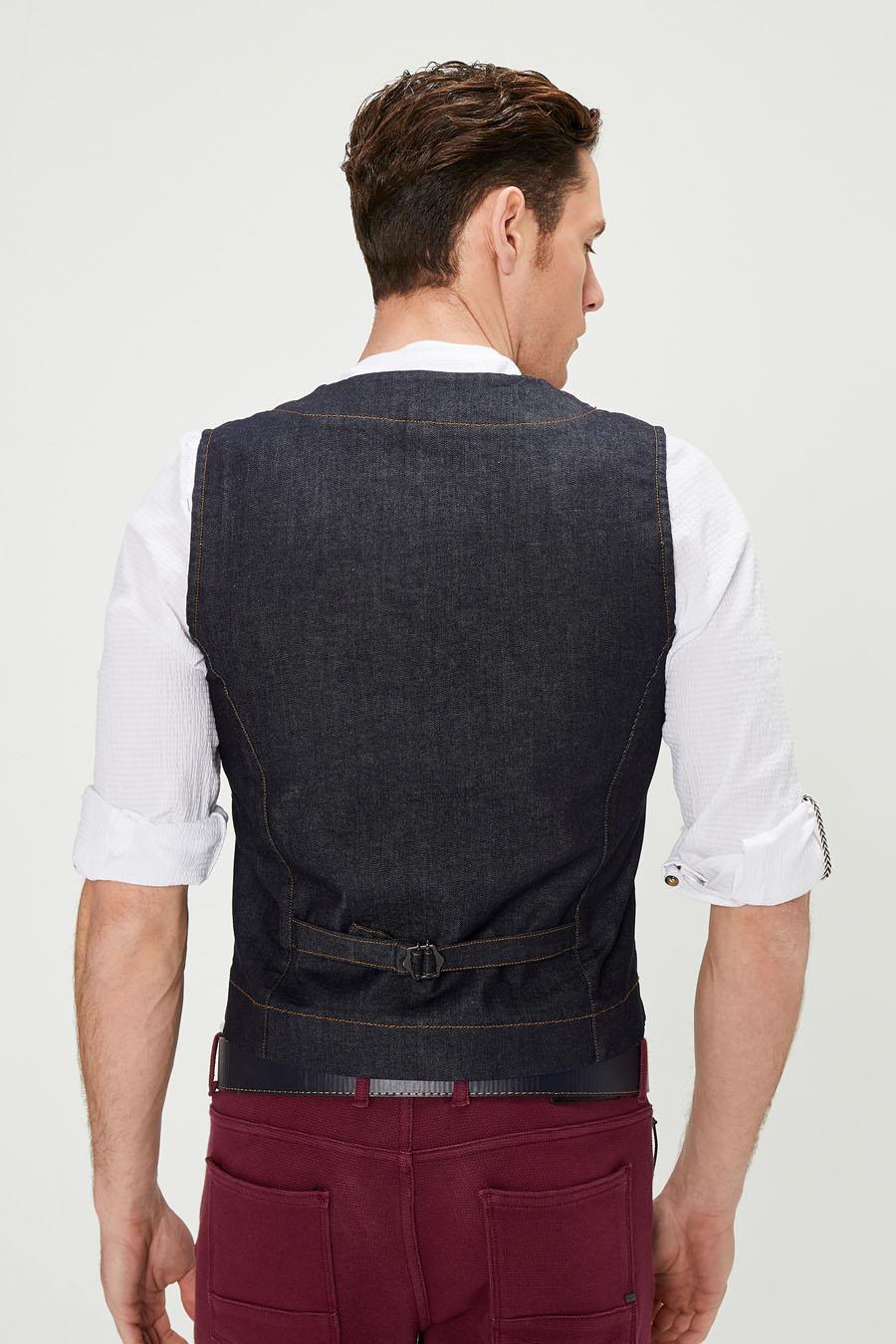 CEKMON Erkek Slim Fit Zincir Detaylı Renli Düğmeli Klasik Kot Yelek 