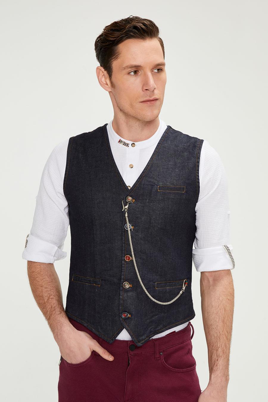 CEKMON Erkek Slim Fit Zincir Detaylı Renli Düğmeli Klasik Kot Yelek 