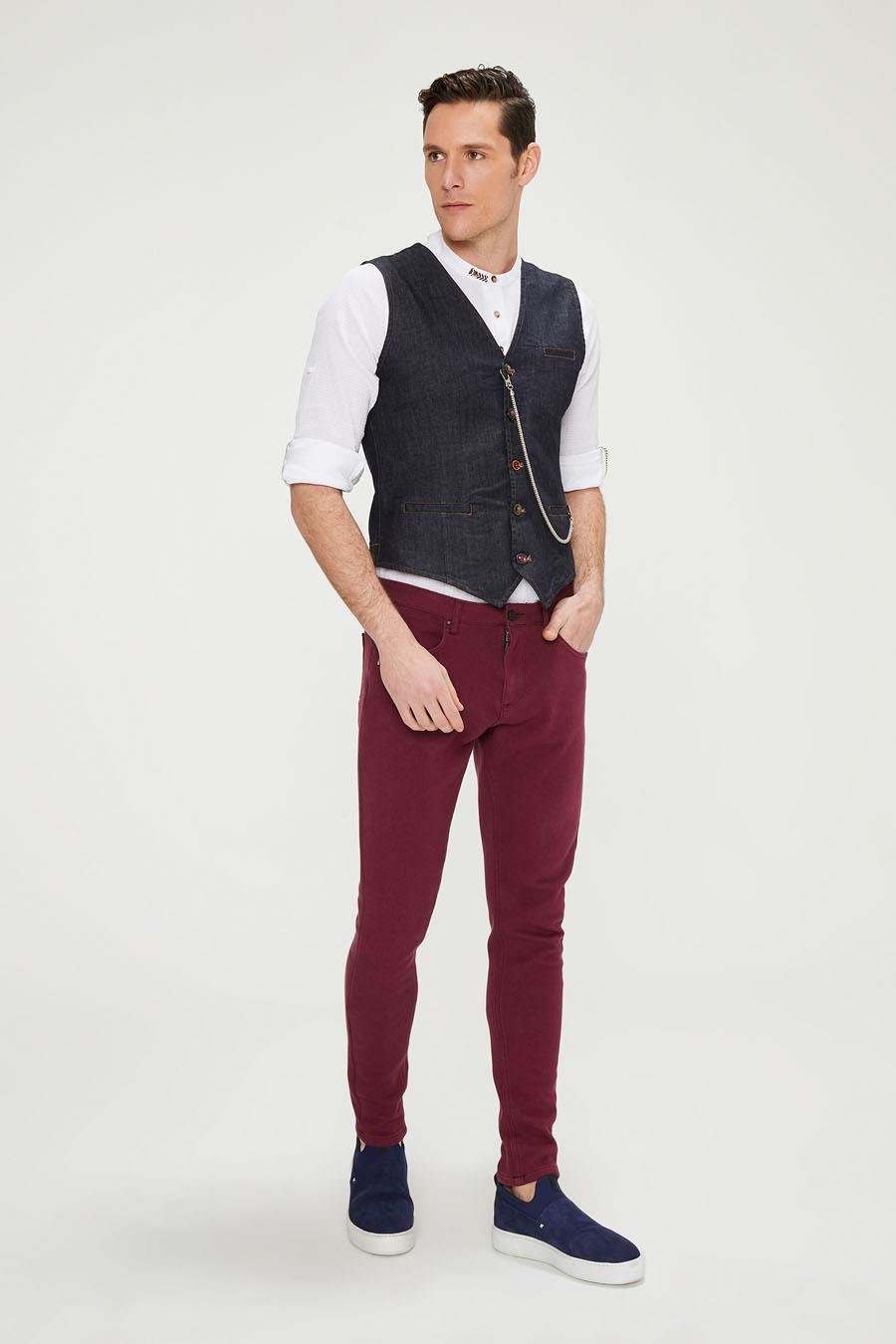 CEKMON Erkek Slim Fit Zincir Detaylı Renli Düğmeli Klasik Kot Yelek 
