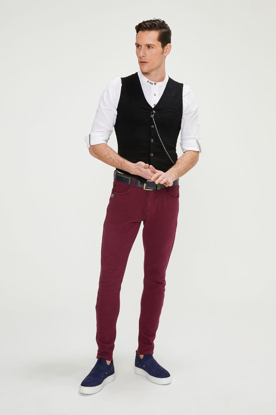 CEKMON Erkek Slim Fit Zincir Detaylı Renli Düğmeli Klasik Kot Yelek 