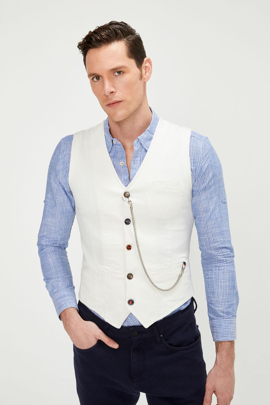 CEKMON Erkek Slim Fit Zincir Detaylı Renli Düğmeli Klasik Kot Yelek 
