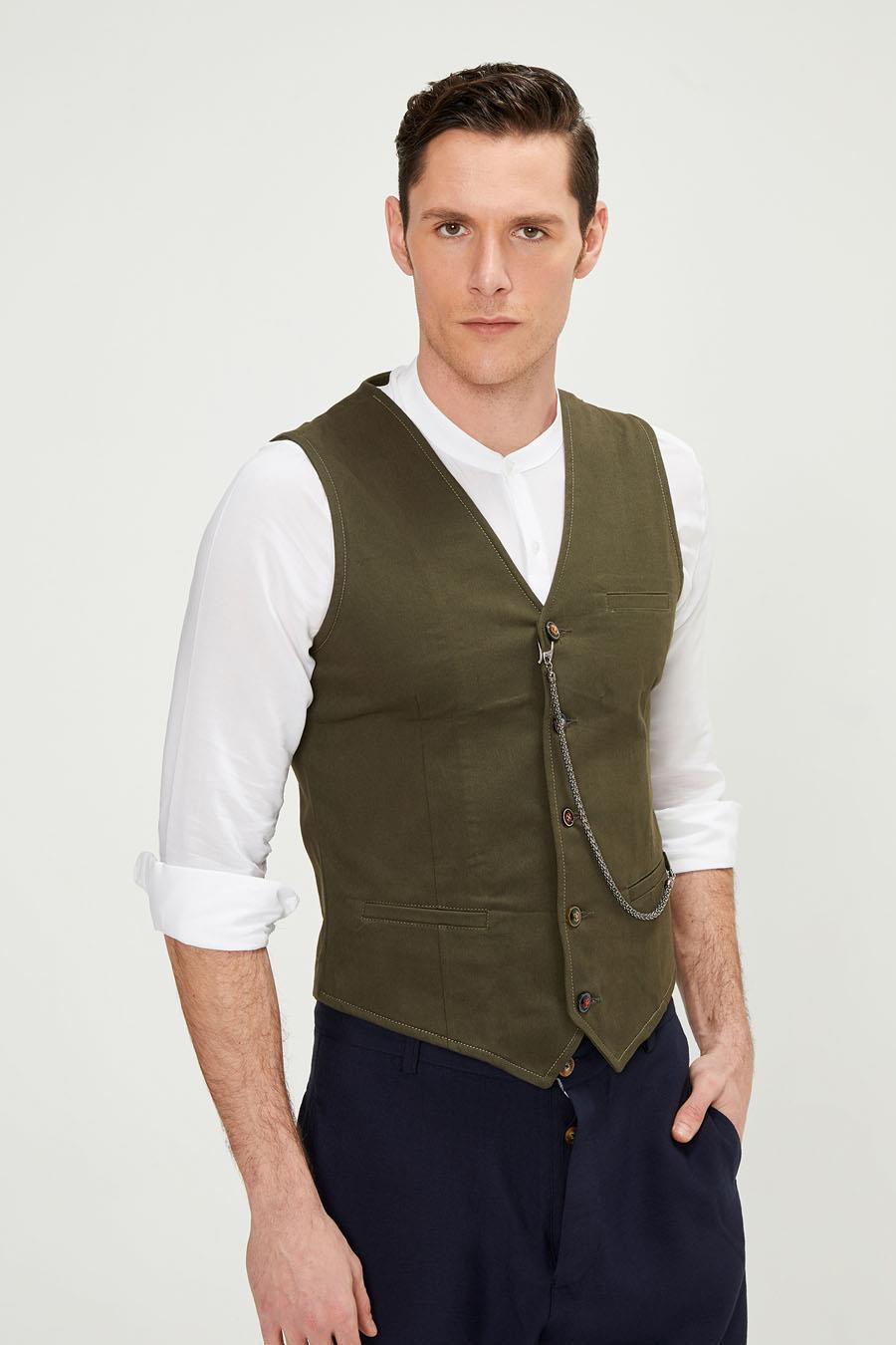 CEKMON Erkek Slim Fit Zincir Detaylı Renli Düğmeli Klasik Kot Yelek 