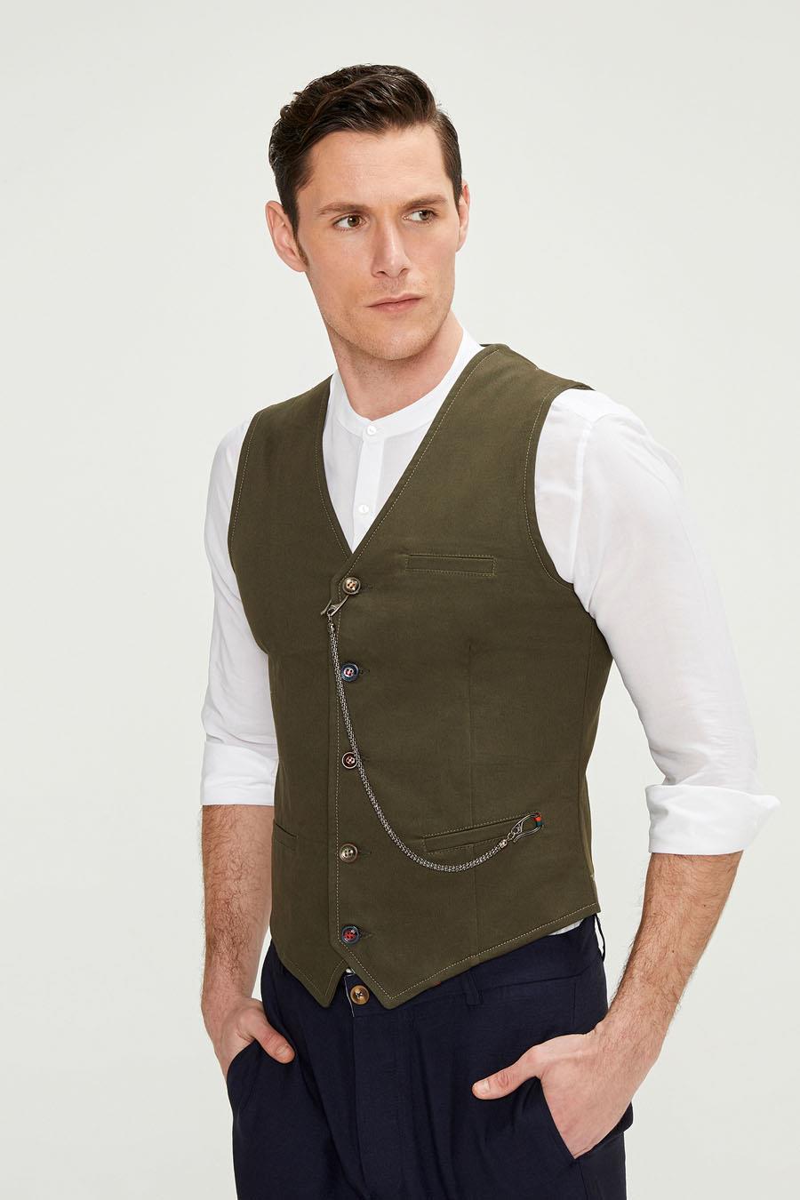 CEKMON Erkek Slim Fit Zincir Detaylı Renli Düğmeli Klasik Kot Yelek 