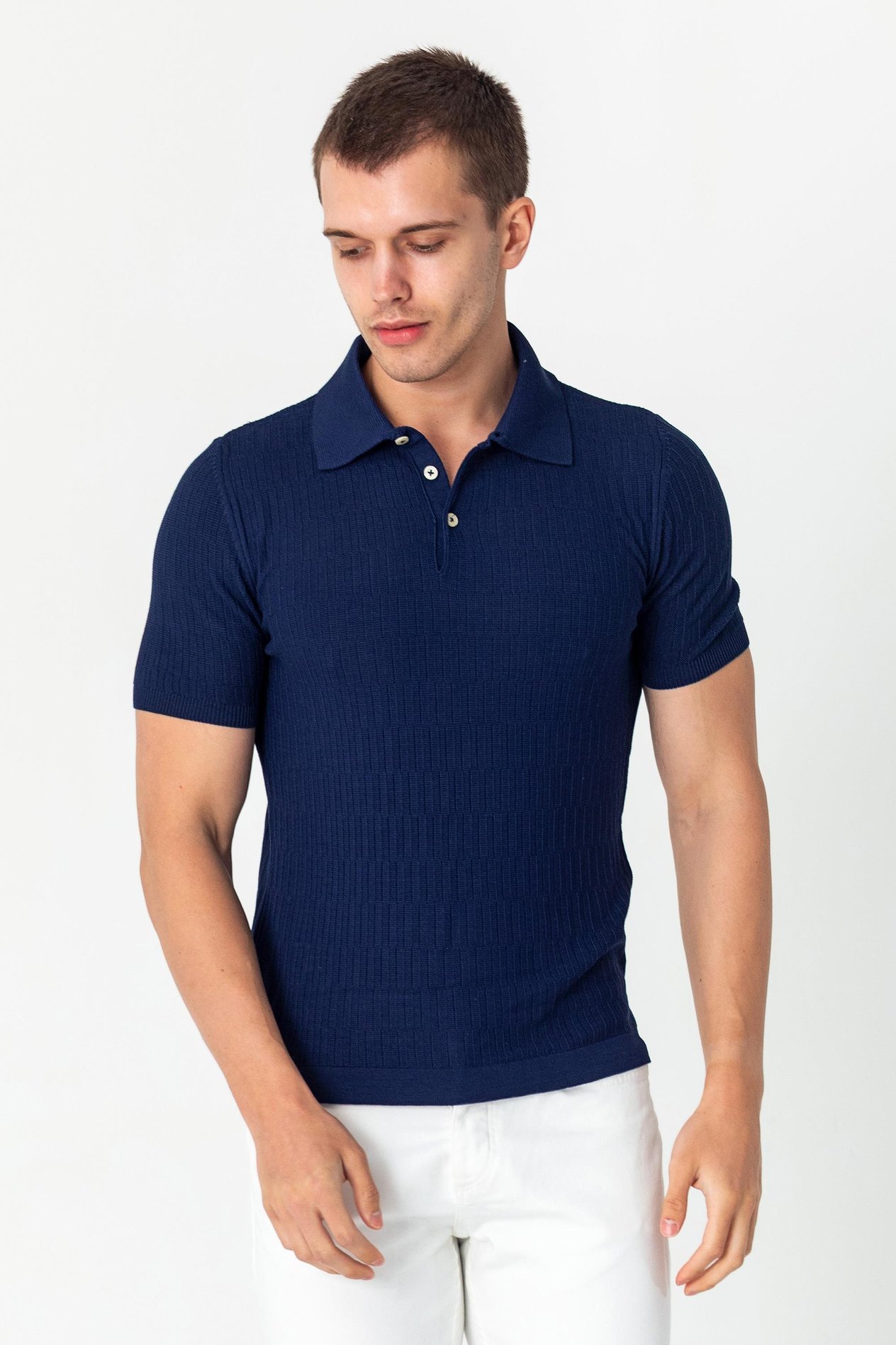 CEKMON polo yaka kendinden desenli viscon elit iplikten triko tshirt 