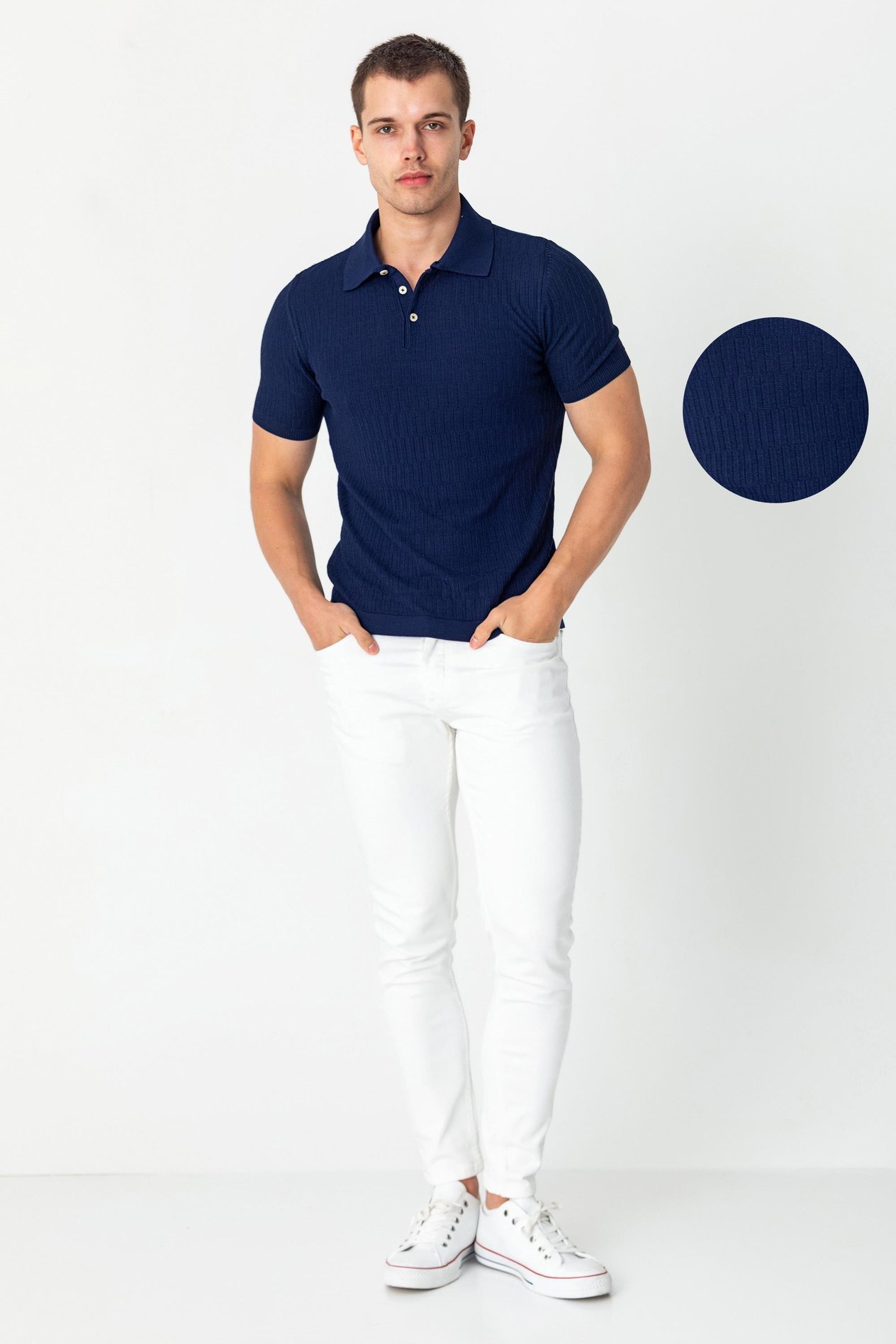 CEKMON polo yaka kendinden desenli viscon elit iplikten triko tshirt 