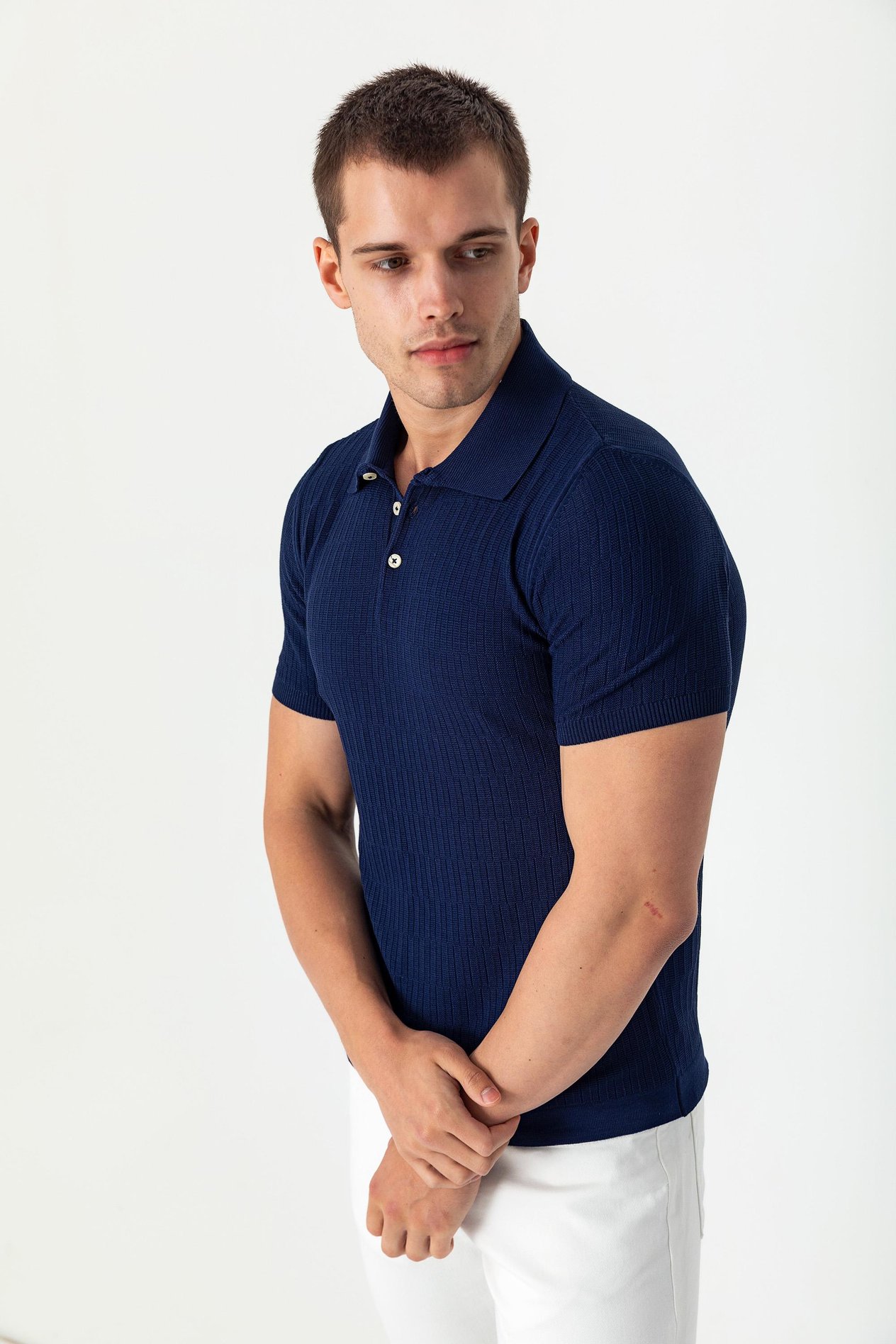 CEKMON polo yaka kendinden desenli viscon elit iplikten triko tshirt 