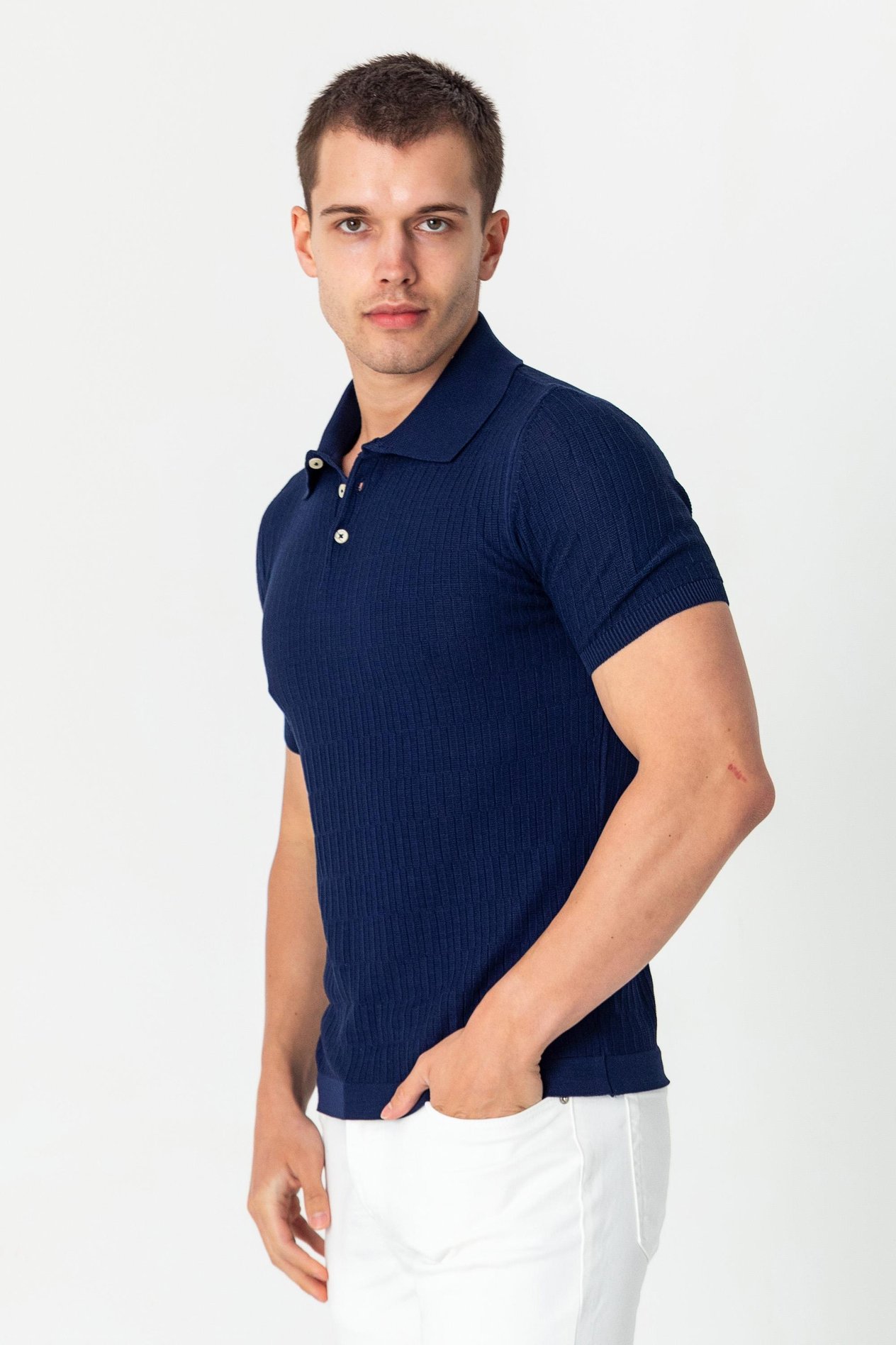 CEKMON polo yaka kendinden desenli viscon elit iplikten triko tshirt 