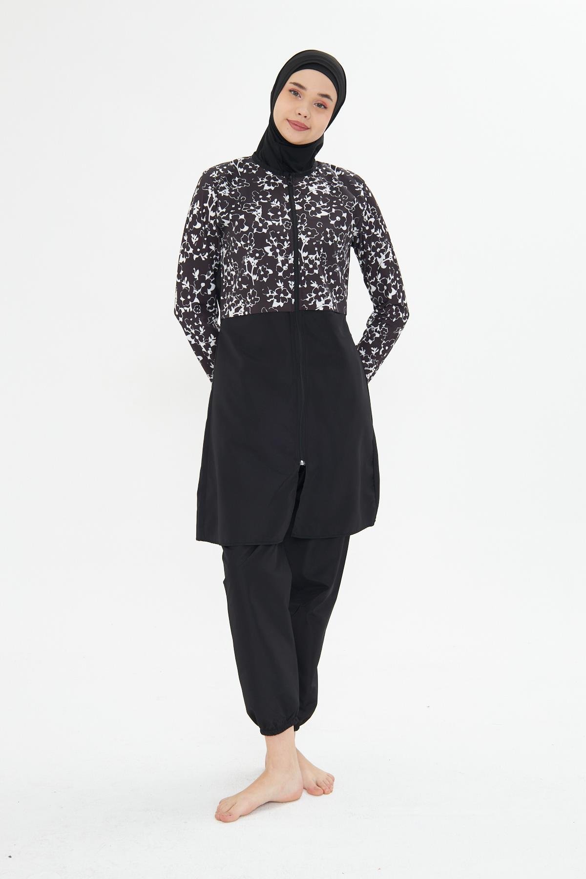 Tam Kapalı Desenli Yarım Paraşüt Kumaş Tesettür Mayo Siyah 3479-S