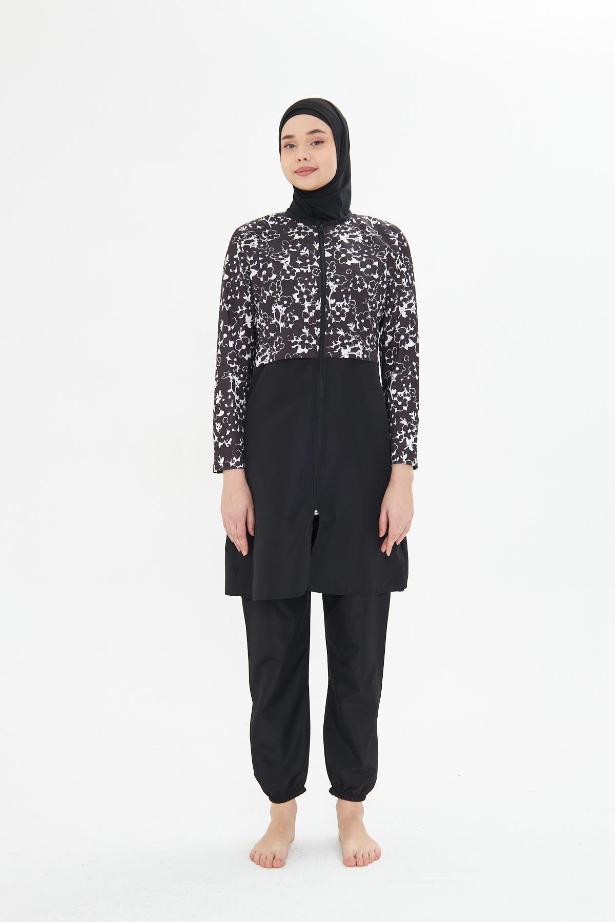 Tam Kapalı Desenli Yarım Paraşüt Kumaş Tesettür Mayo Siyah 3479-S