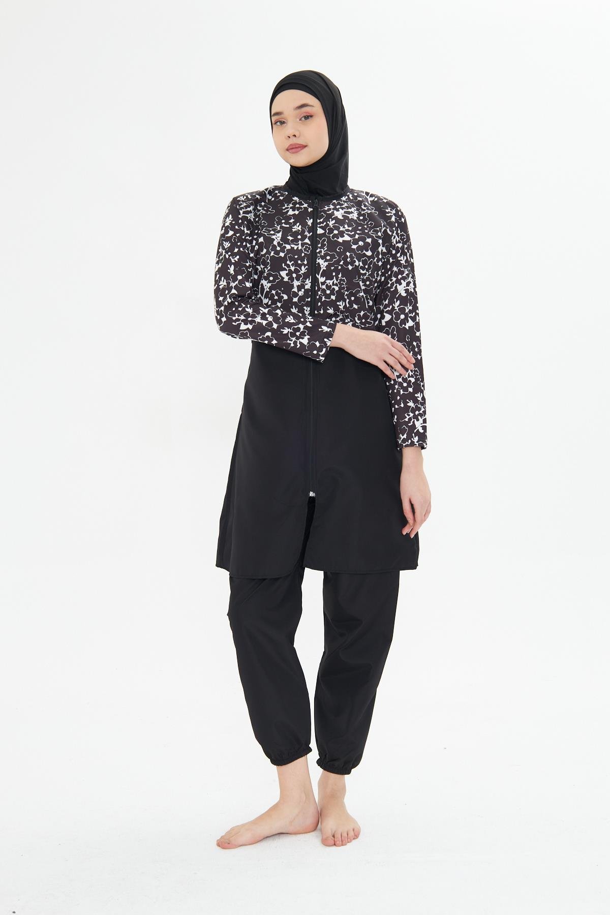 Tam Kapalı Desenli Yarım Paraşüt Kumaş Tesettür Mayo Siyah 3479-S