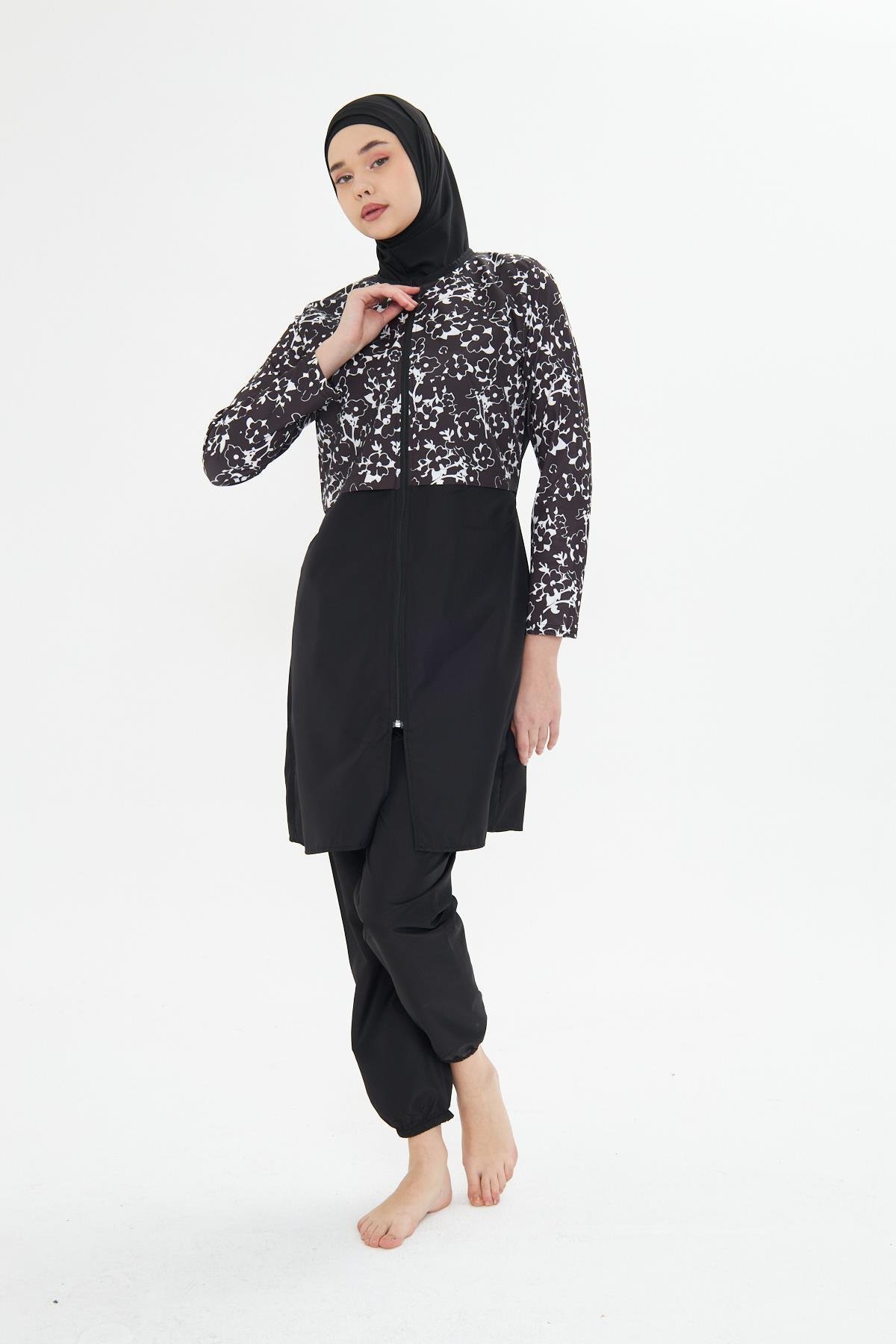 Tam Kapalı Desenli Yarım Paraşüt Kumaş Tesettür Mayo Siyah 3479-S