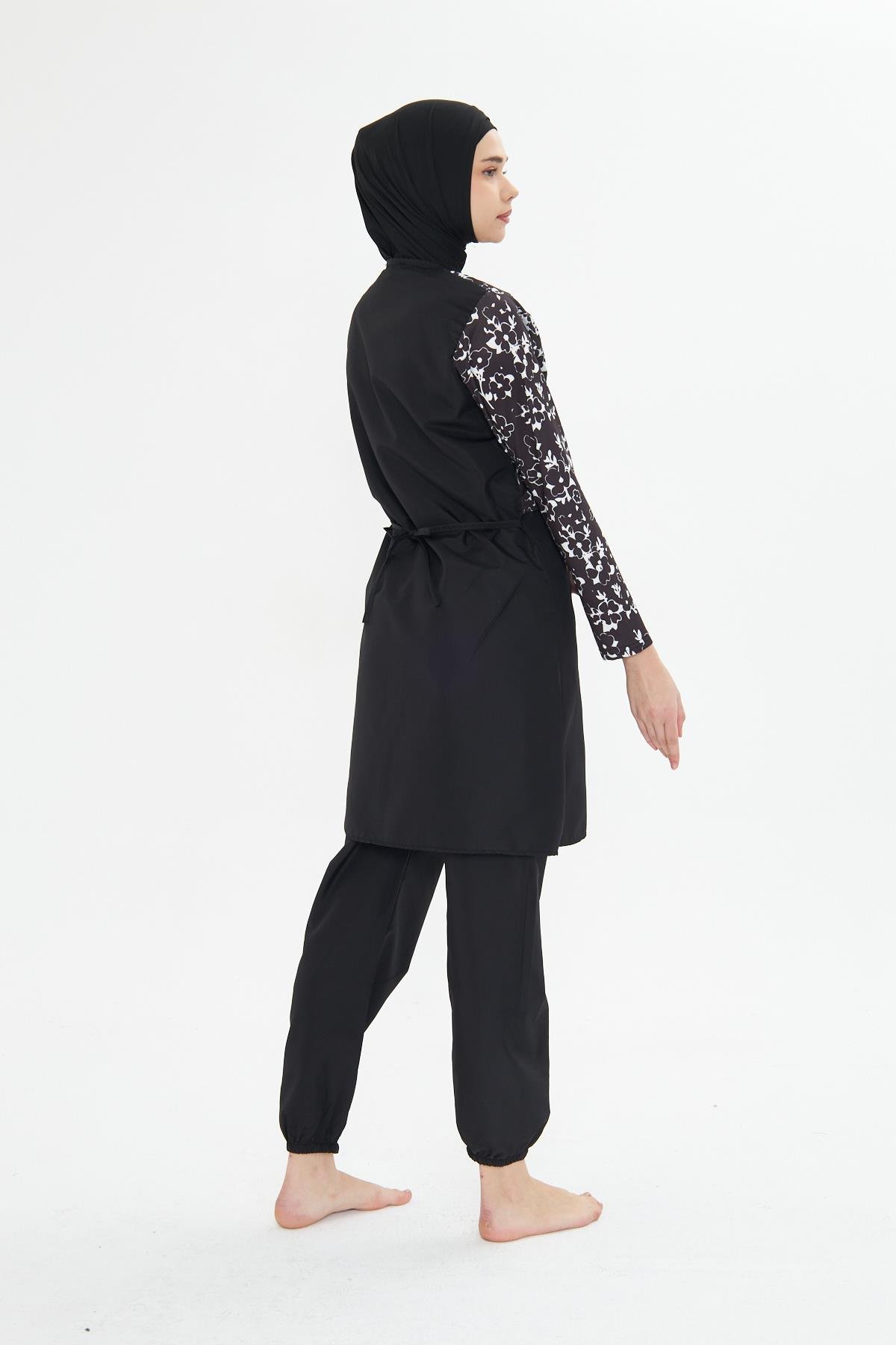 Tam Kapalı Desenli Yarım Paraşüt Kumaş Tesettür Mayo Siyah 3479-S