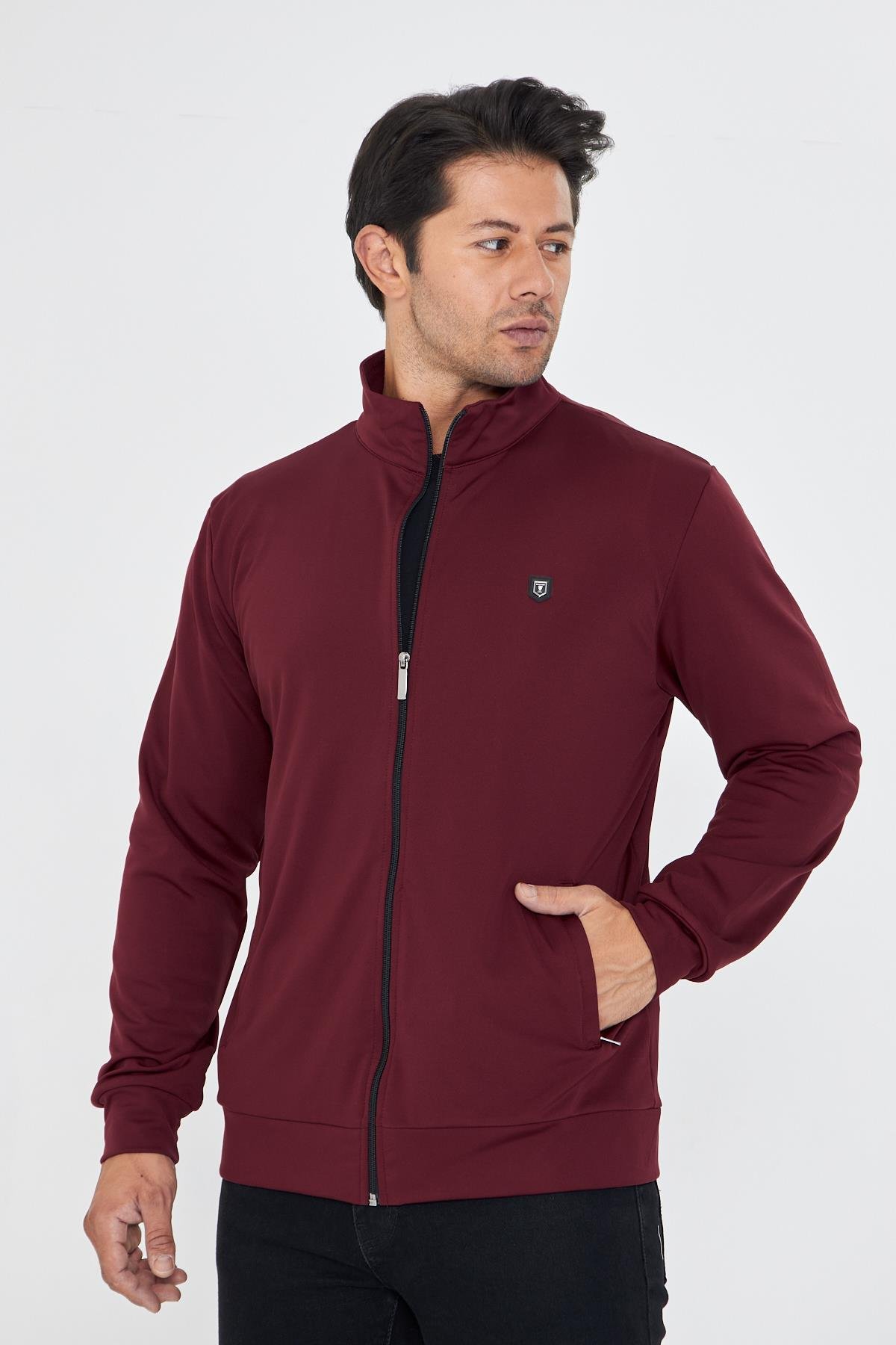 Erkek Tam Fermuarlı Şardonlu Dalgıç Sweatshirt Bordo 5256SW-B