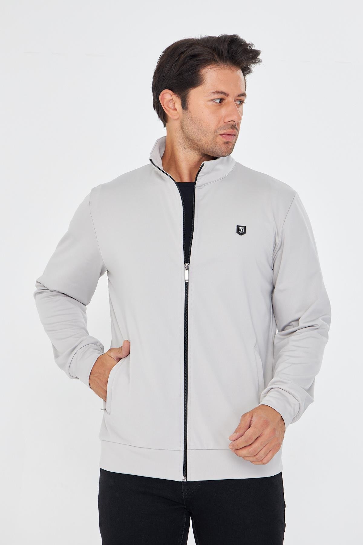 Erkek Tam Fermuarlı Şardonlu Dalgıç Sweatshirt Gri 5256SW-G