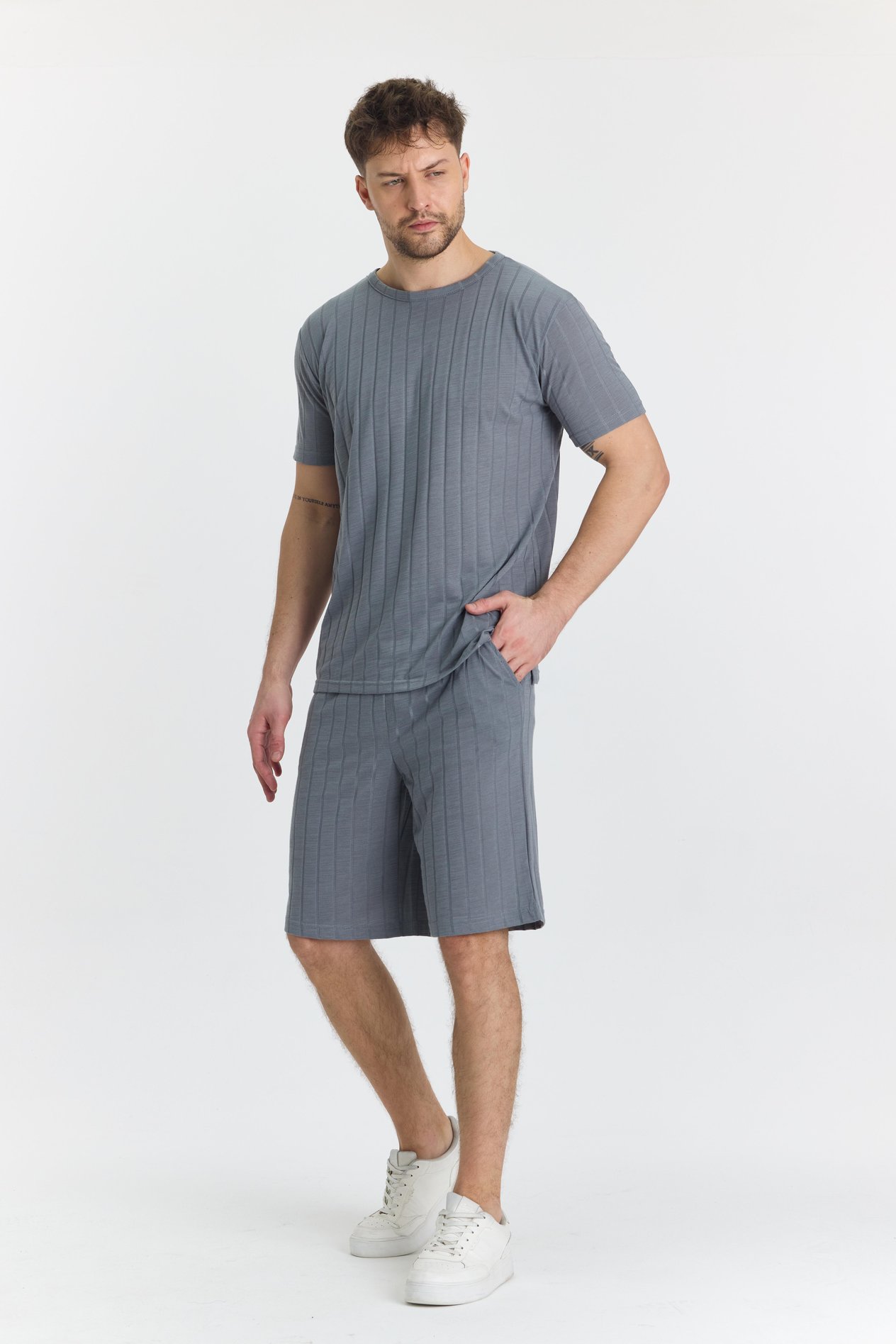 Erkek Çizgli Polycotton T-shirt Şort İkili Takım Gri 5734-G