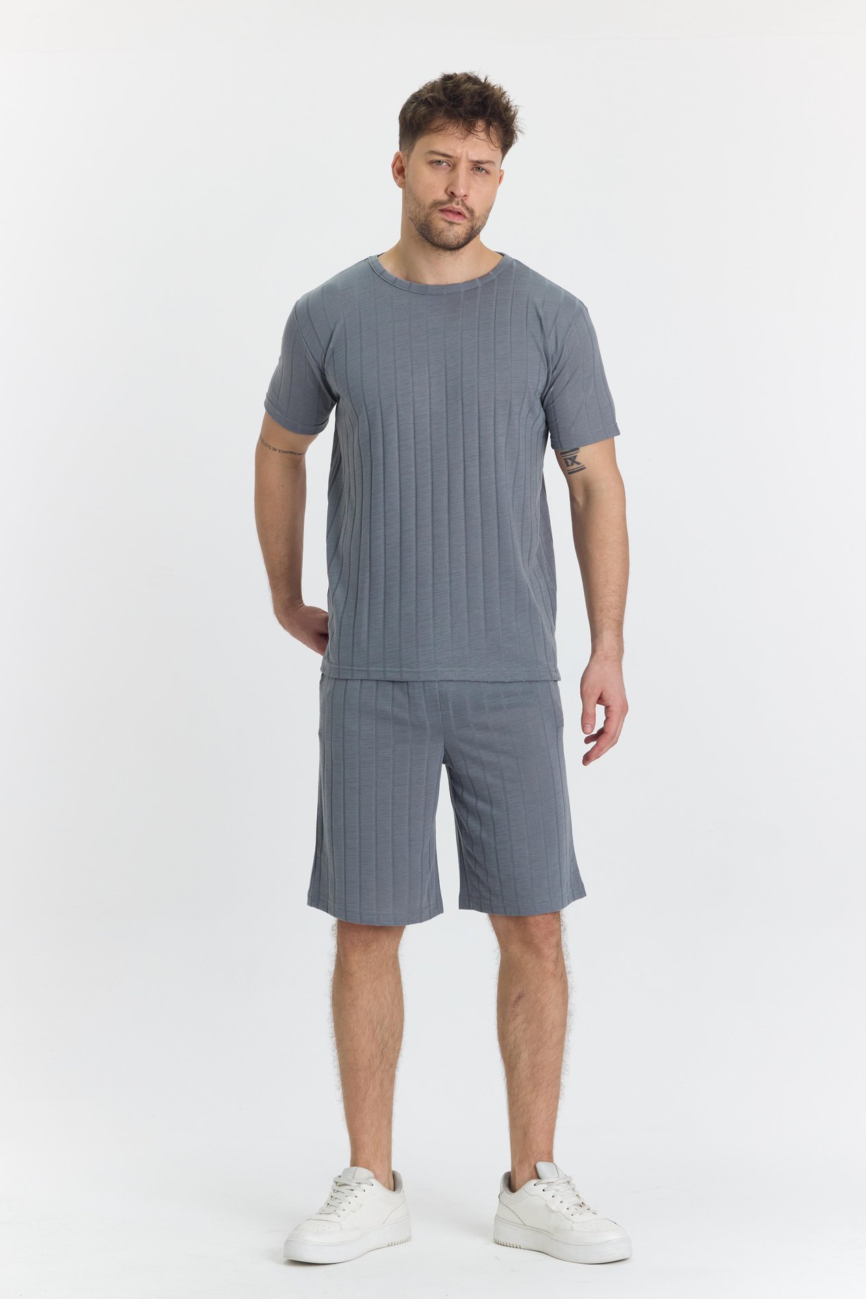 Erkek Çizgli Polycotton T-shirt Şort İkili Takım Gri 5734-G