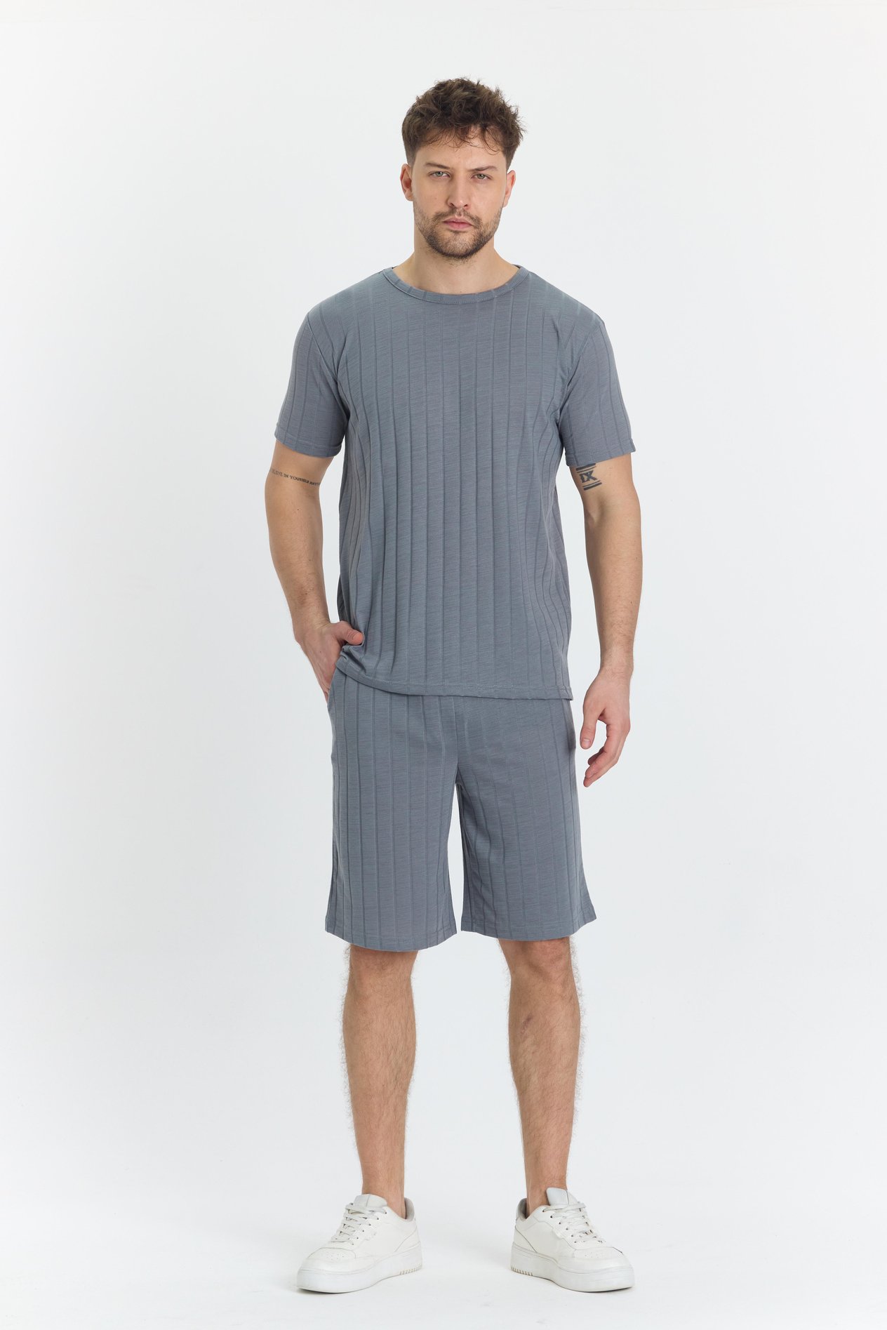Erkek Çizgli Polycotton T-shirt Şort İkili Takım Gri 5734-G