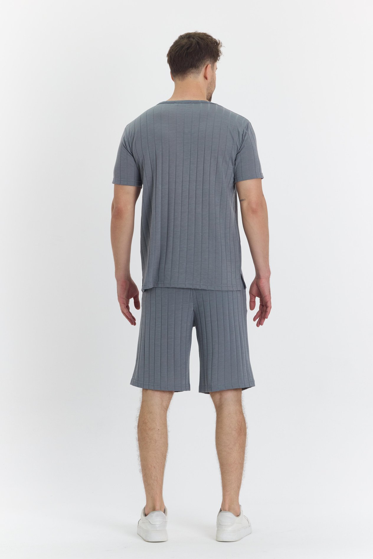 Erkek Çizgli Polycotton T-shirt Şort İkili Takım Gri 5734-G
