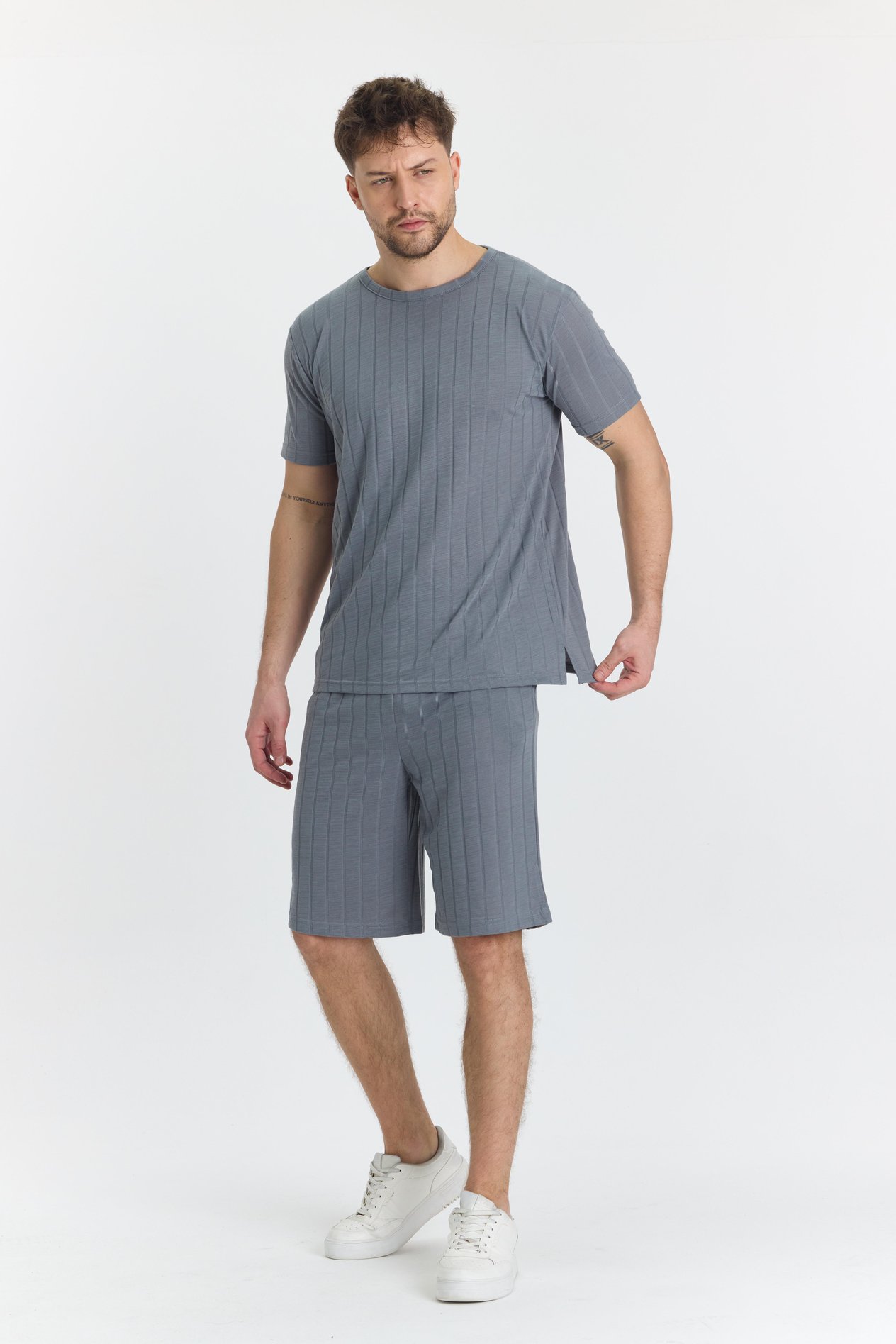 Erkek Çizgli Polycotton T-shirt Şort İkili Takım Gri 5734-G