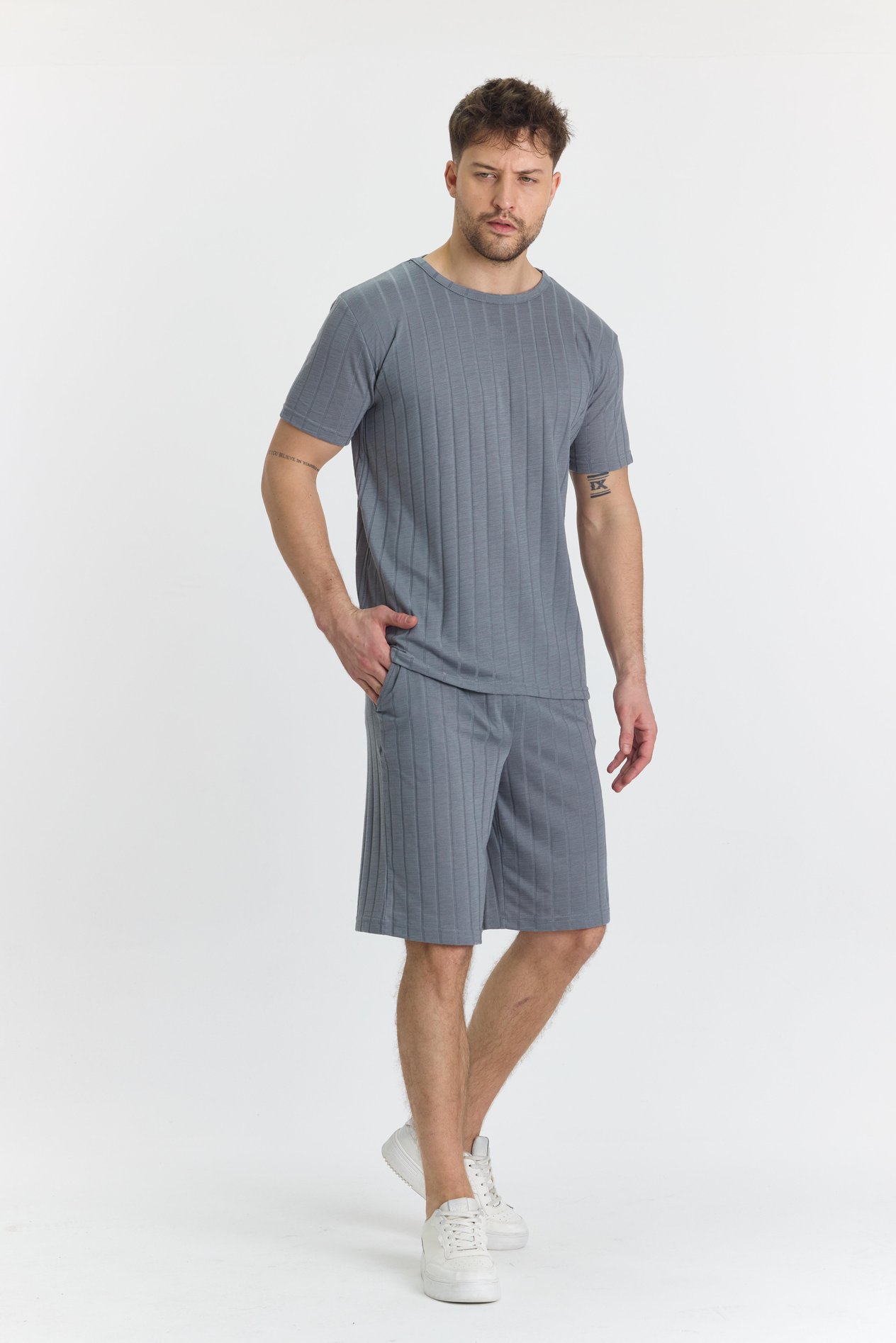 Erkek Çizgli Polycotton T-shirt Şort İkili Takım Gri 5734-G