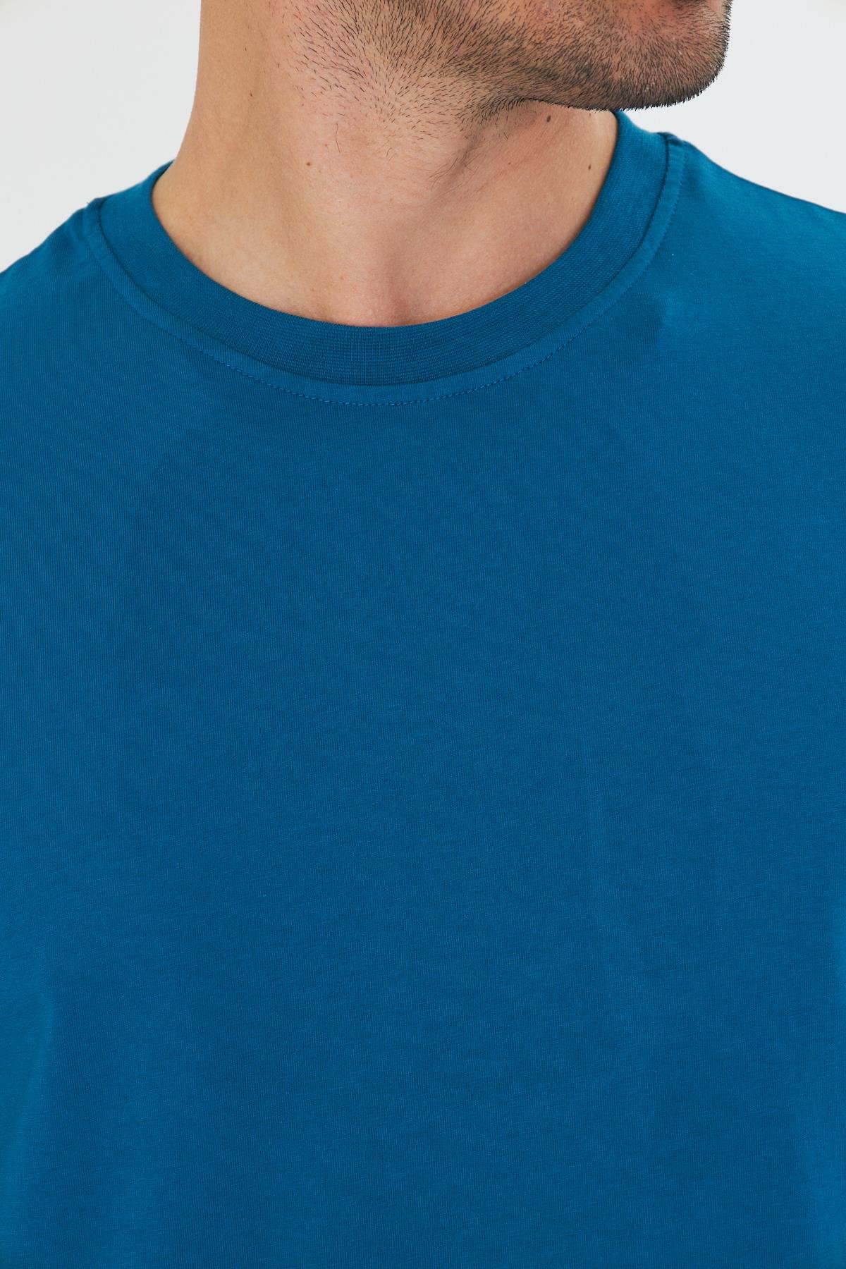 Erkek Pamuklu Bisiklet Yaka Oversize Tişört Mavi 5015-M