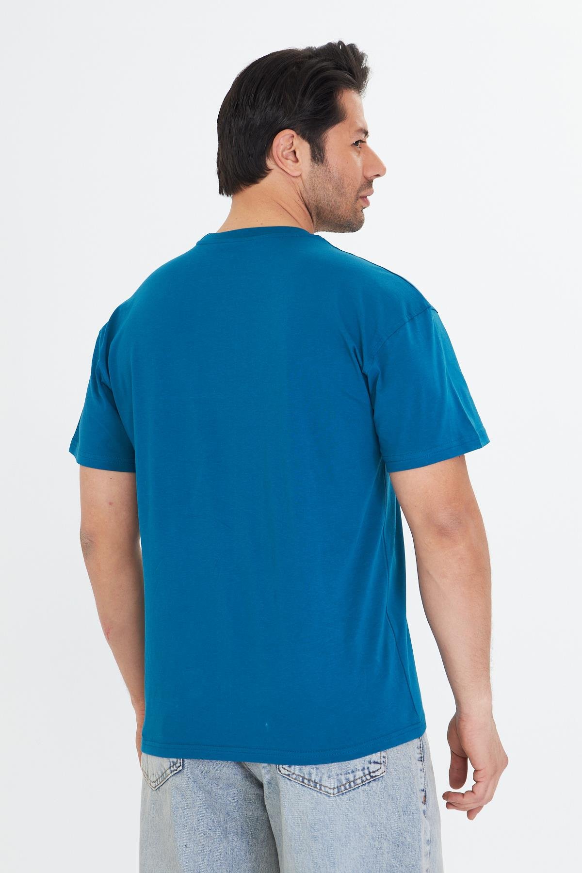 Erkek Pamuklu Bisiklet Yaka Oversize Tişört Mavi 5015-M