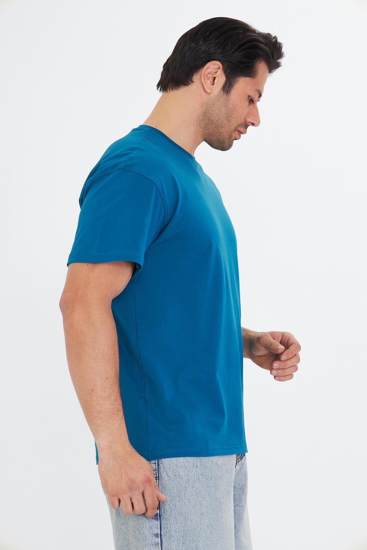 Erkek Pamuklu Bisiklet Yaka Oversize Tişört Mavi 5015-M
