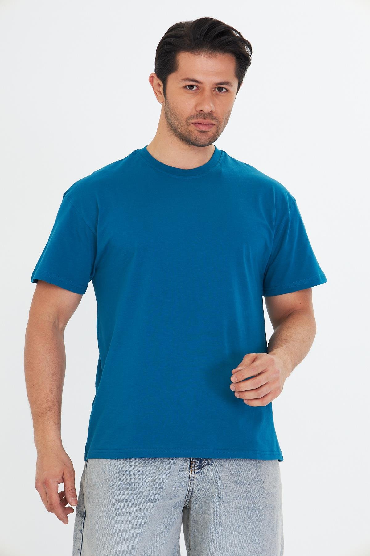 Erkek Pamuklu Bisiklet Yaka Oversize Tişört Mavi 5015-M