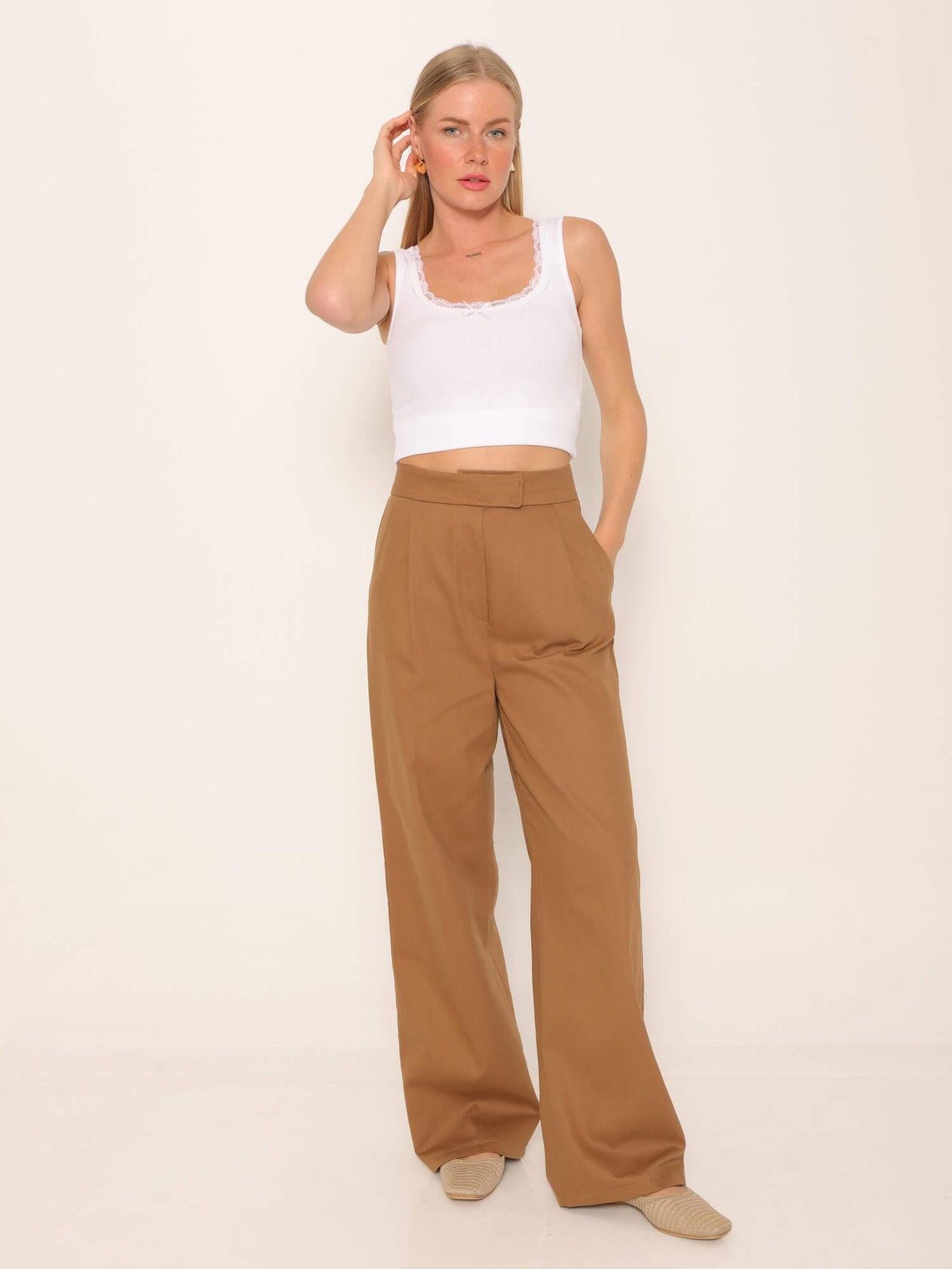 Beli Çıtçıtlı Yüksek Bel Pantolon Kahve-Coral