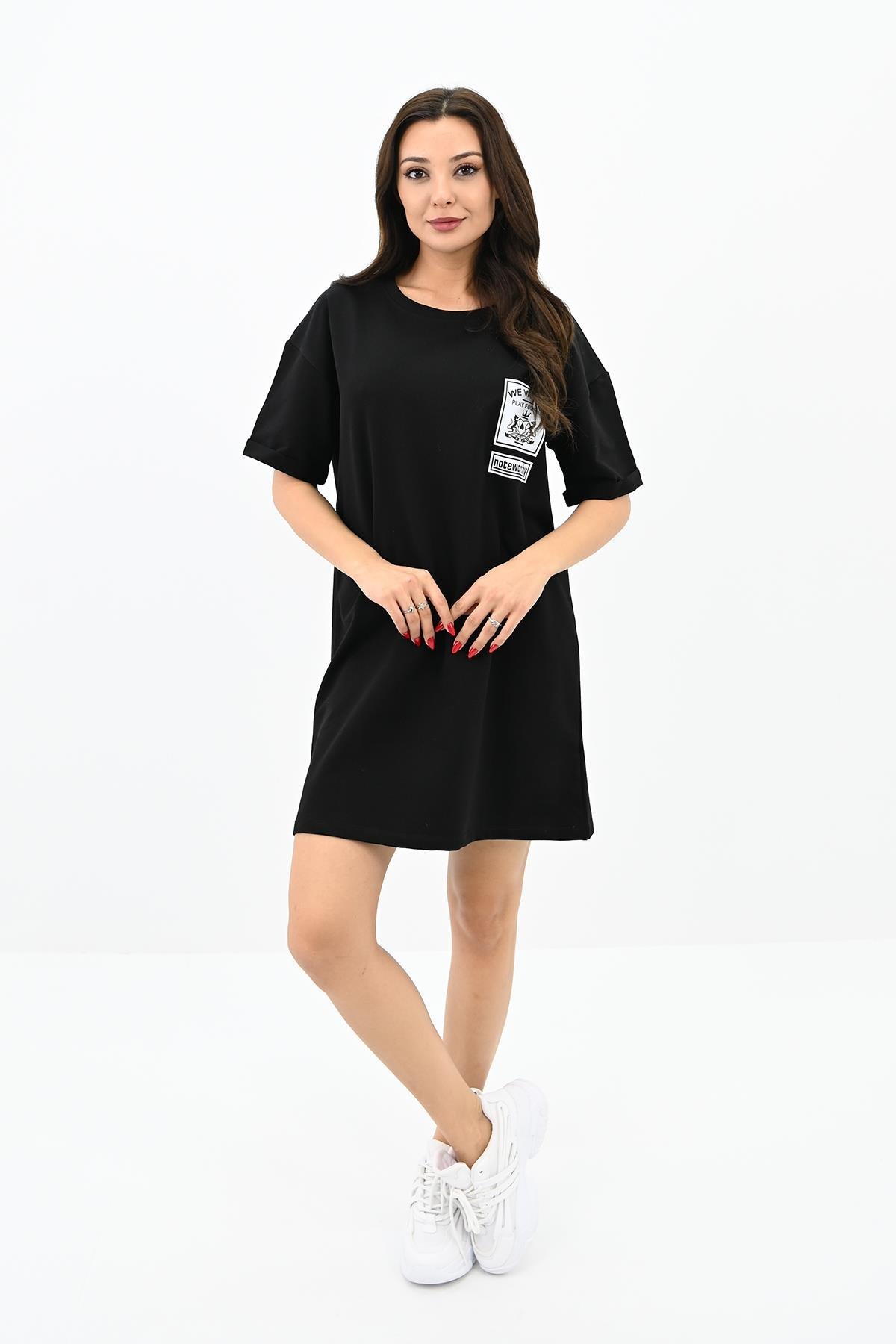 Kadın Baskılı Oversize T-shirt Elbise 5218-24