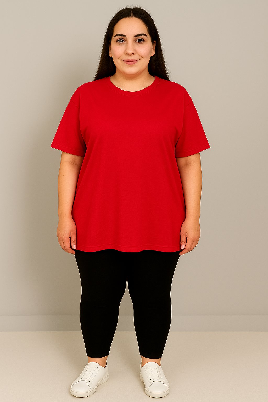 Kadın Büyük Beden Kısa Kollu Bisiklet Yaka Basic Oversize T-shirt 1977-25