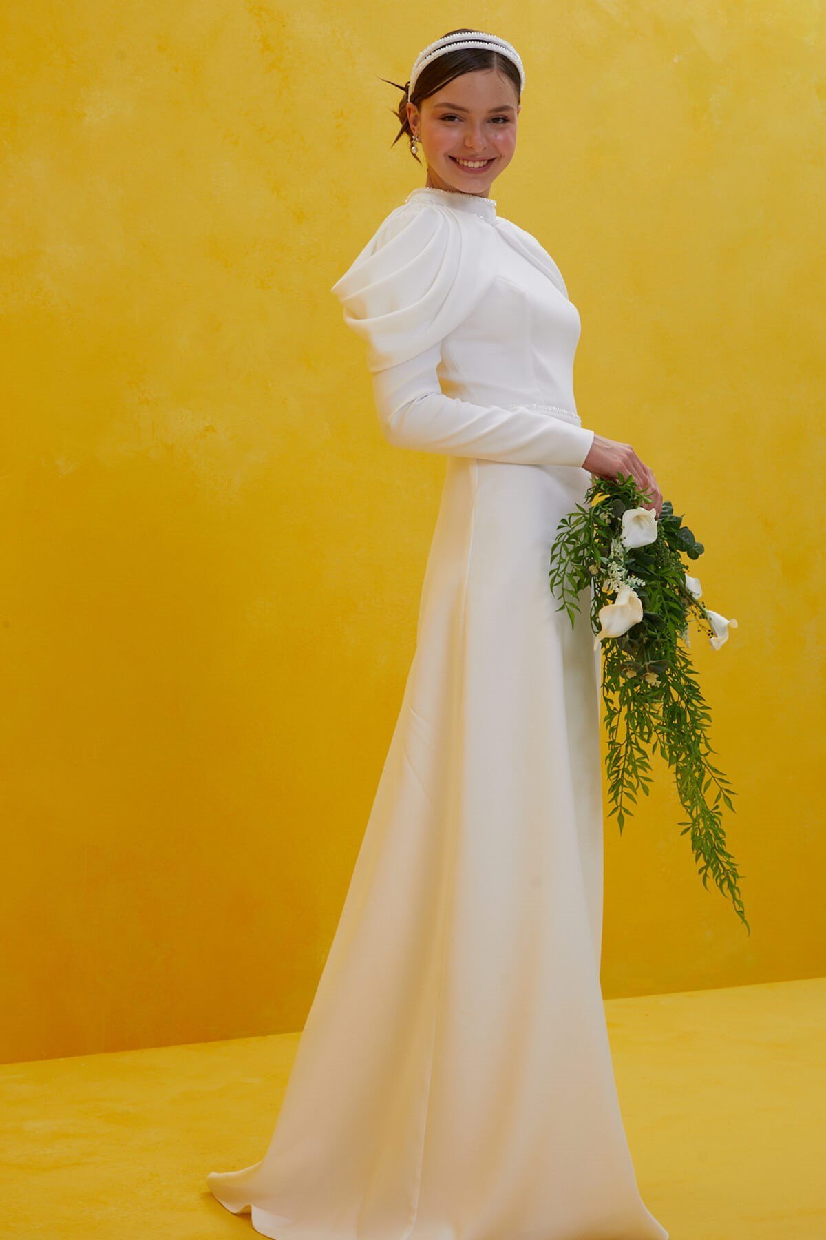 Dökümlü Kumaş Tesettür Nikah ElbisesiJAQAR