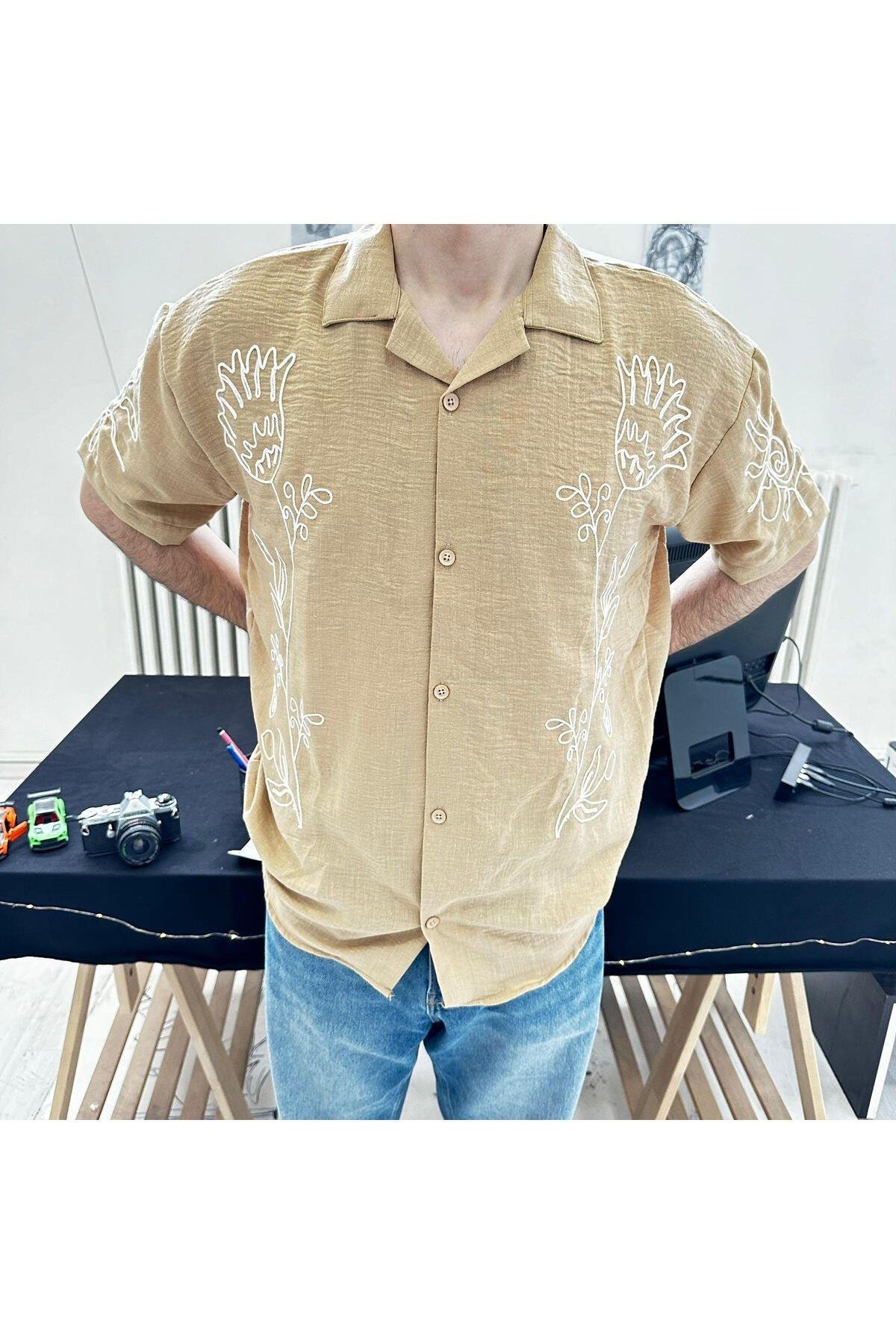 TARZ COOLGömlekCCKGMLKTN01Erkek Çiçek Nakışlı Regular kısa Kol Keten Gömlek
