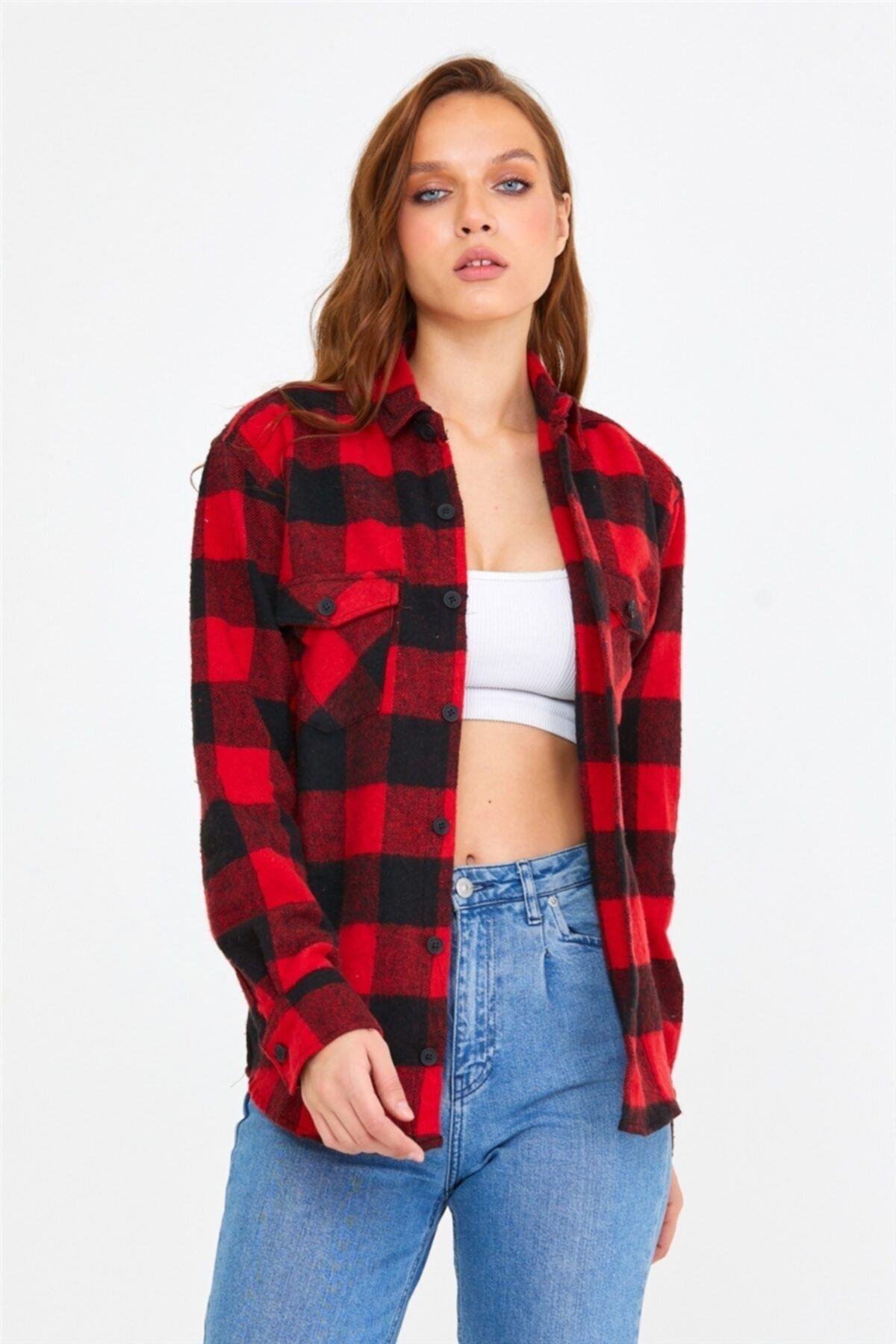 TARZ COOLGömlekKKKODG001Kadın Kırmızı Slim Fit Cepli Ekoseli Oduncu Gömlek-kkkodg001r07s