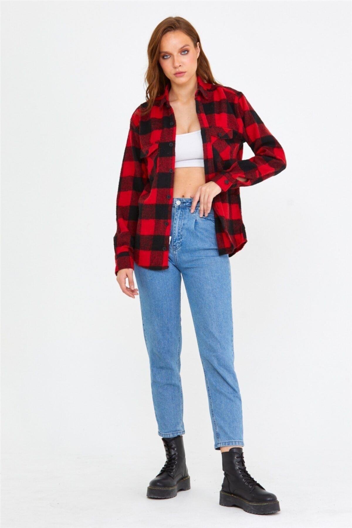 TARZ COOLGömlekKKKODG001Kadın Kırmızı Slim Fit Cepli Ekoseli Oduncu Gömlek-kkkodg001r07s