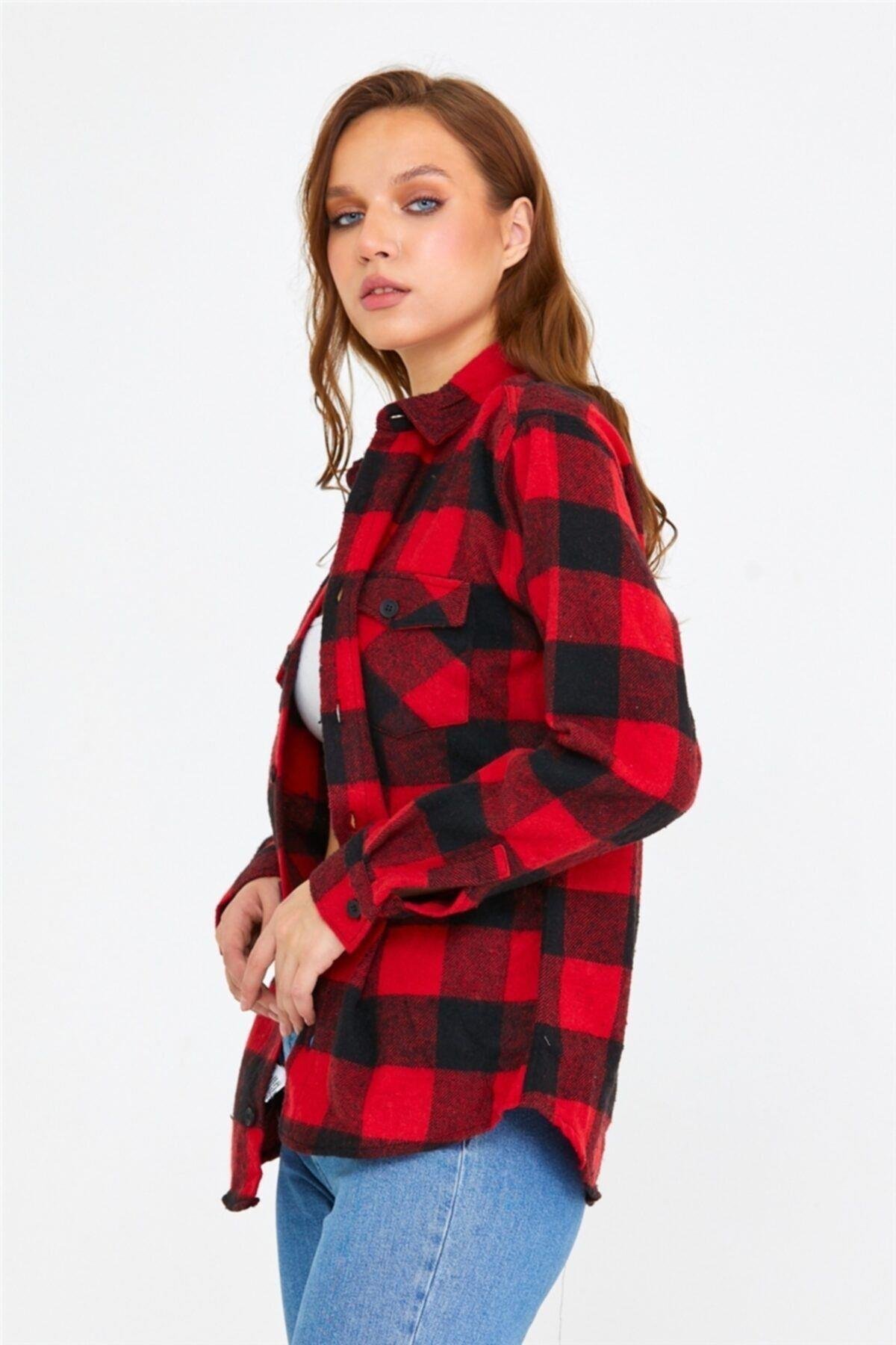 TARZ COOLGömlekKKKODG001Kadın Kırmızı Slim Fit Cepli Ekoseli Oduncu Gömlek-kkkodg001r07s
