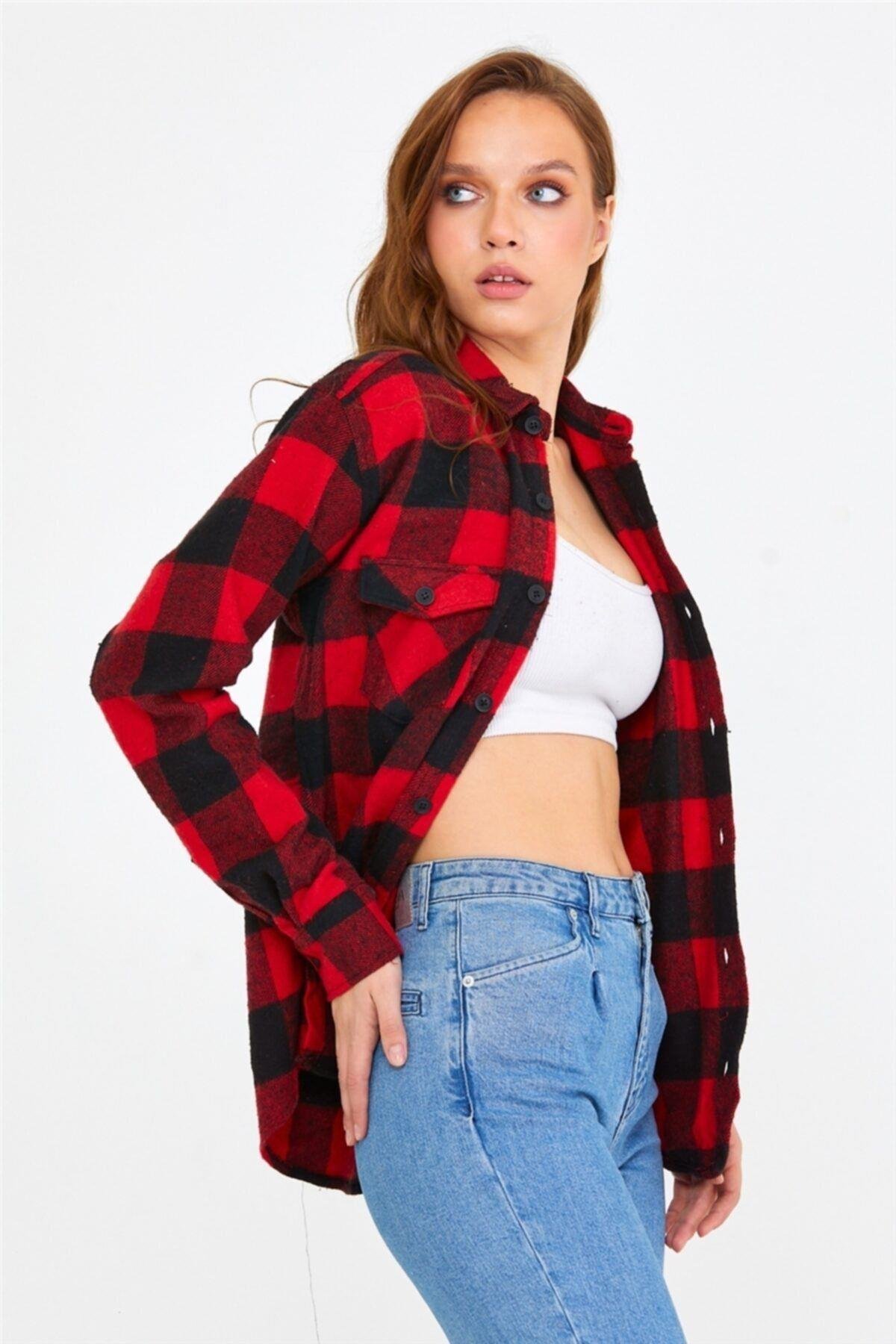 TARZ COOLGömlekKKKODG001Kadın Kırmızı Slim Fit Cepli Ekoseli Oduncu Gömlek-kkkodg001r07s
