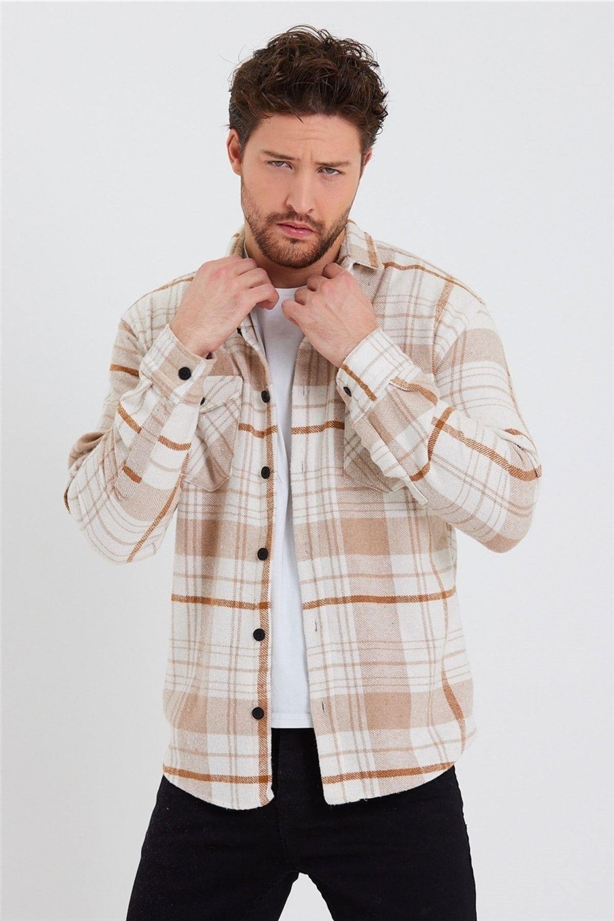 TARZ COOLGömlekODG001Erkek Kırık Beyaz-turuncu Çift Cep Kapaklı Slim Fit Oduncu Gömlek-odg001r9500s