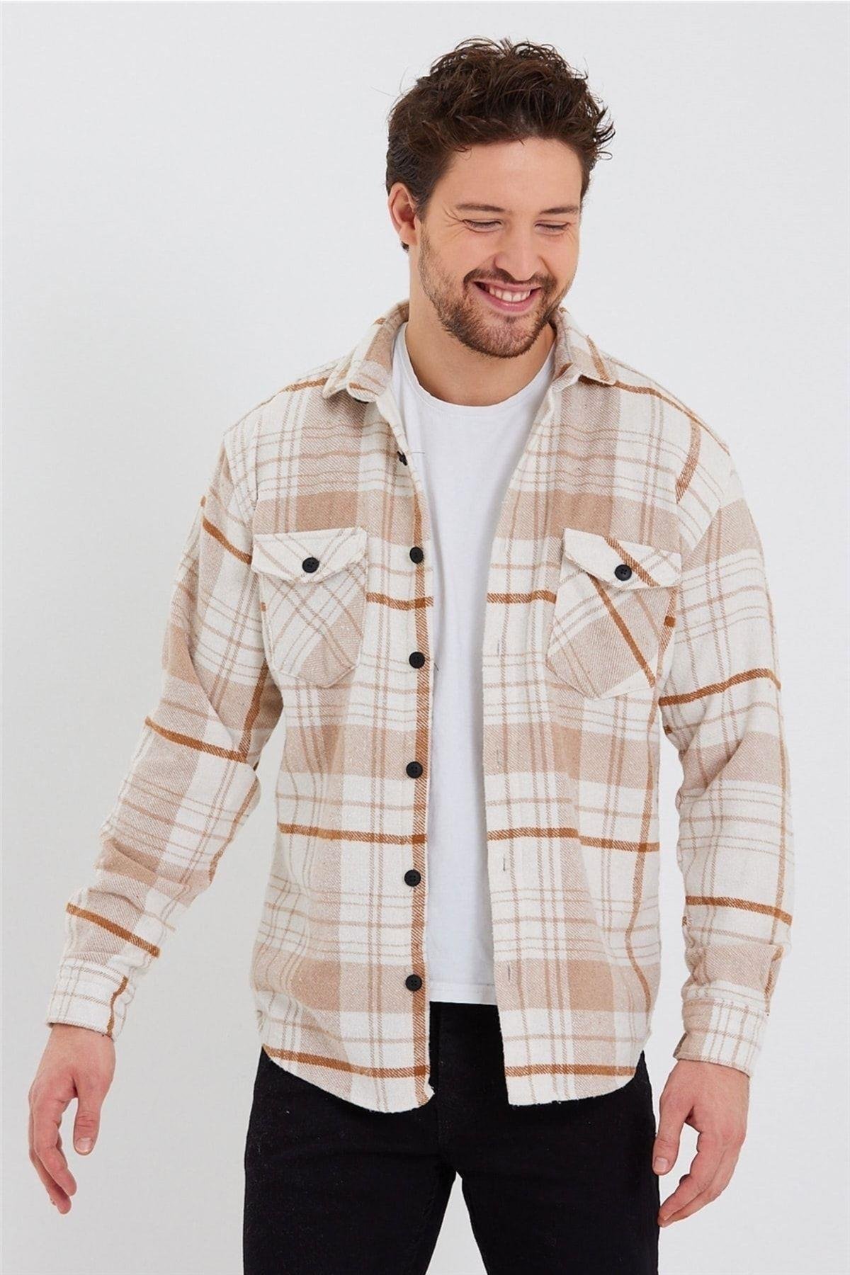 TARZ COOLGömlekODG001Erkek Kırık Beyaz-turuncu Çift Cep Kapaklı Slim Fit Oduncu Gömlek-odg001r9500s