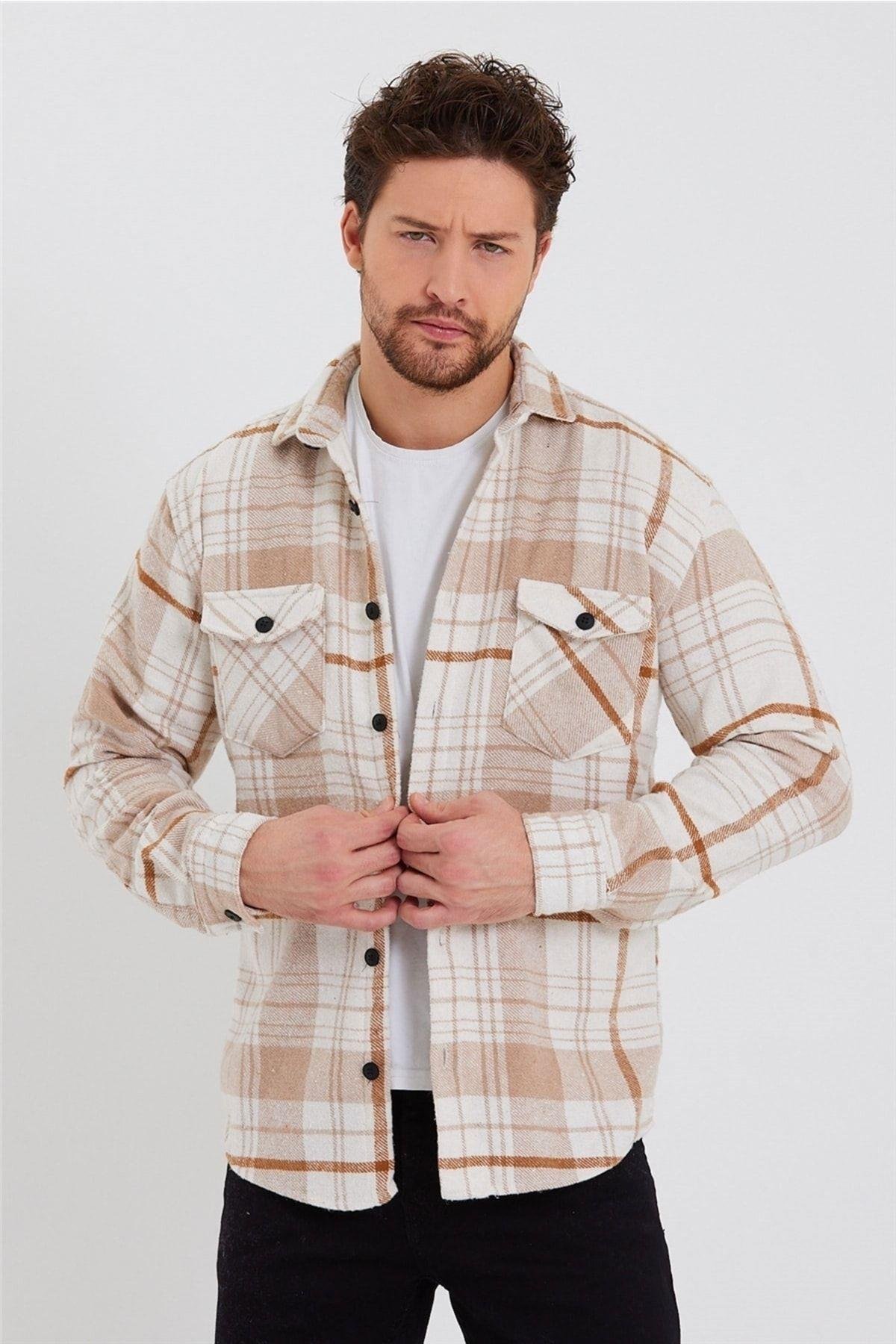TARZ COOLGömlekODG001Erkek Kırık Beyaz-turuncu Çift Cep Kapaklı Slim Fit Oduncu Gömlek-odg001r9500s