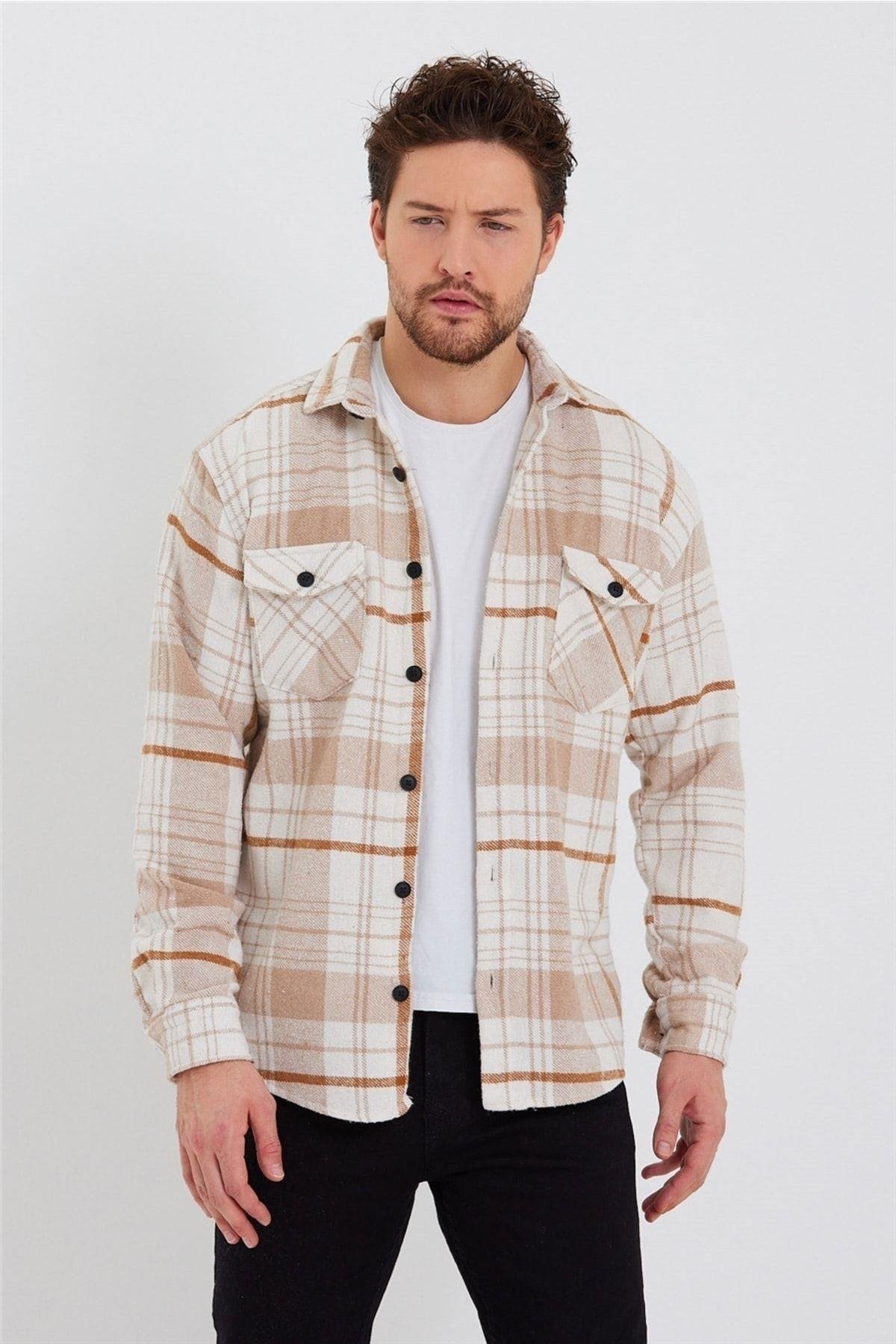 TARZ COOLGömlekODG001Erkek Kırık Beyaz-turuncu Çift Cep Kapaklı Slim Fit Oduncu Gömlek-odg001r9500s